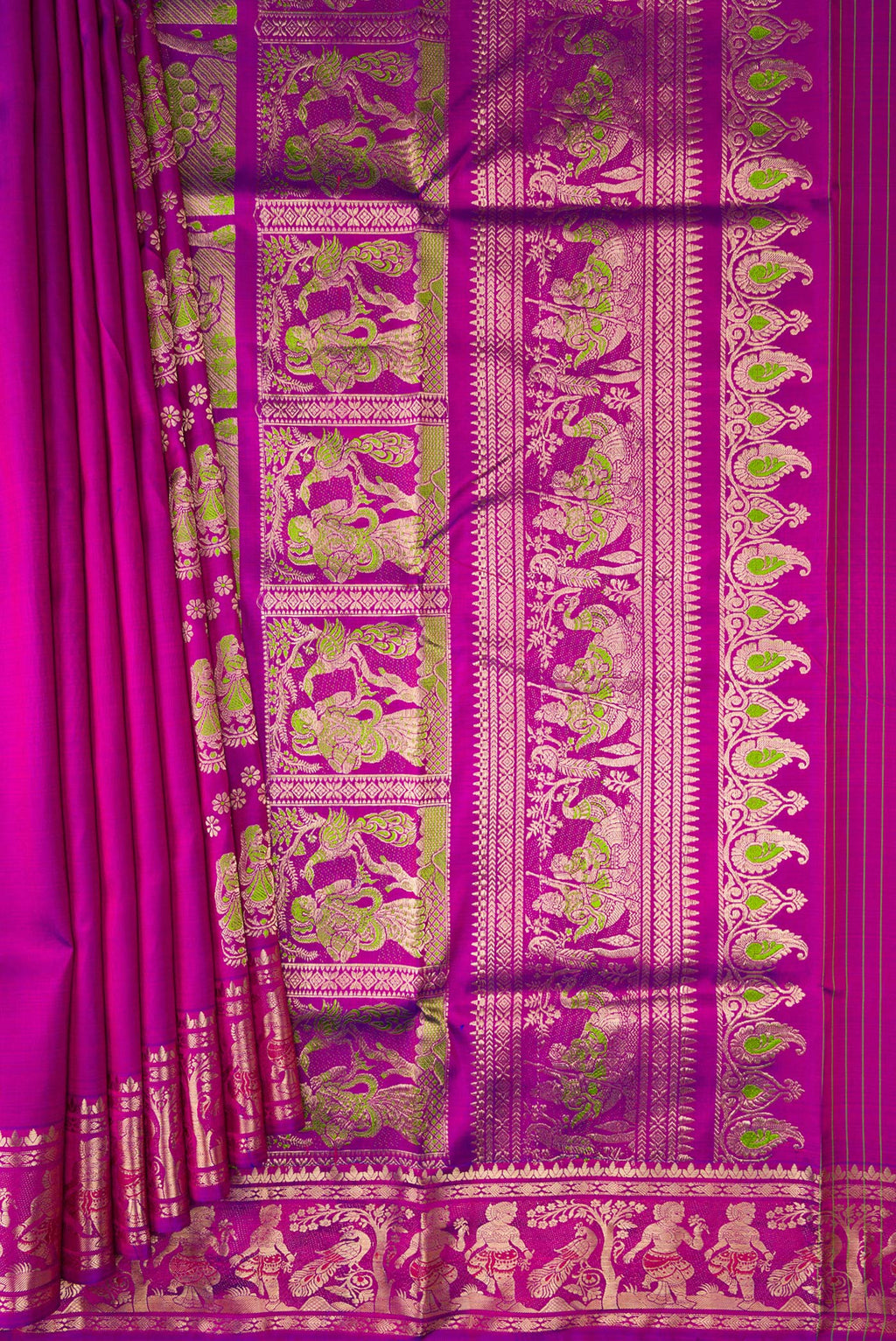Pleats and pallu of Purple Baluchari Silk Saree with Zari And Thread Butta on the body and Zari Border. 