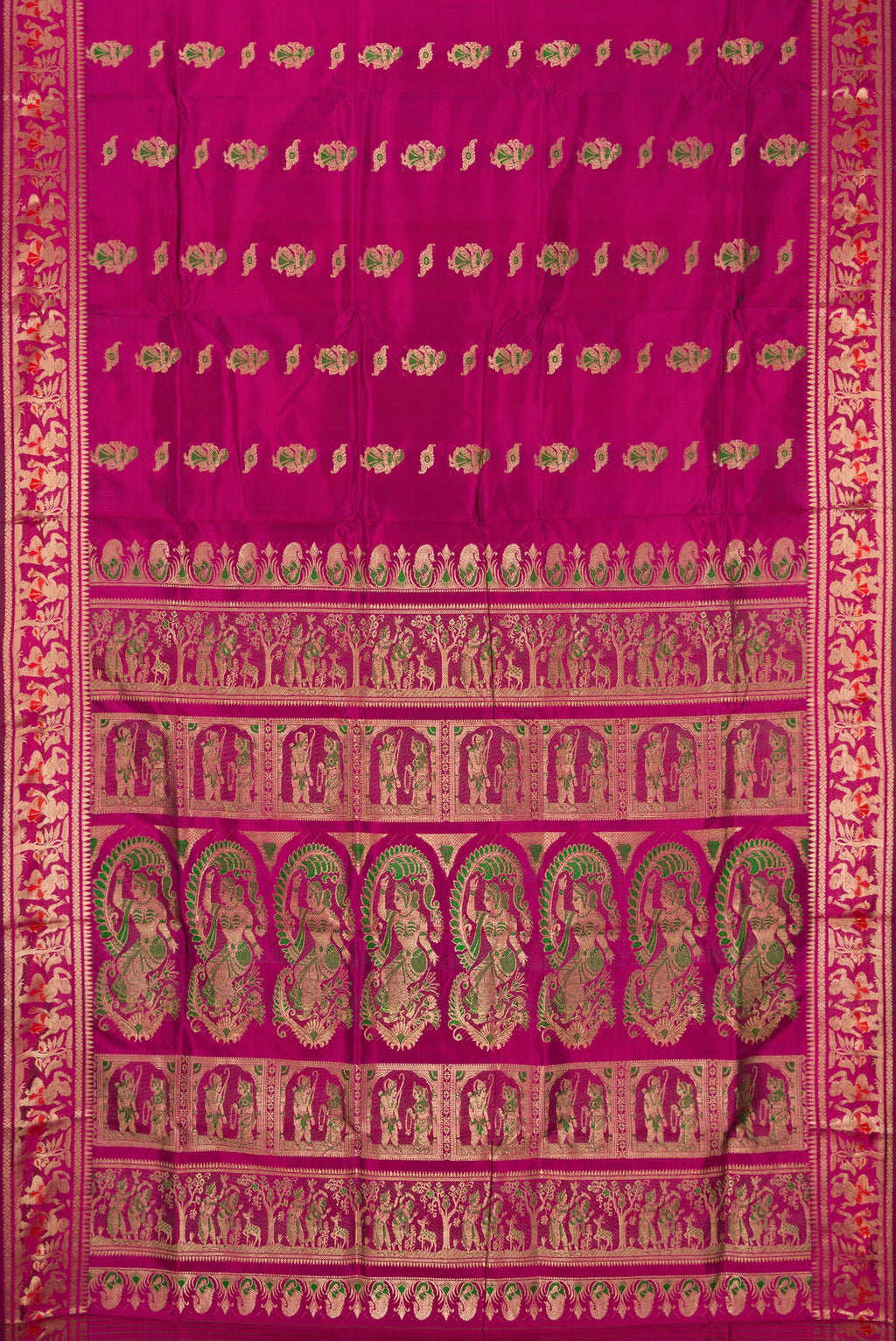 Flat view of Magenta Baluchari Silk Saree with Zari And Thread Butta on the body and Zari Border. 
