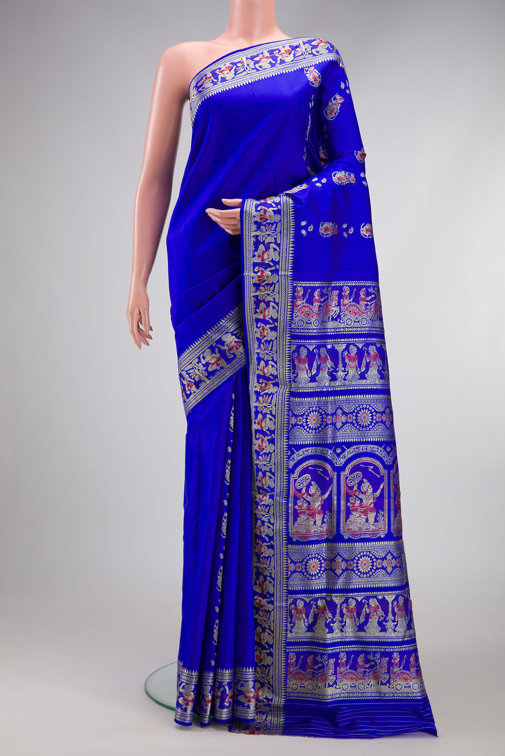 Royal Blue Dual Tone Baluchari Silk Saree with Thread Butta on the body and Thread Border.  displayed on a mannequin