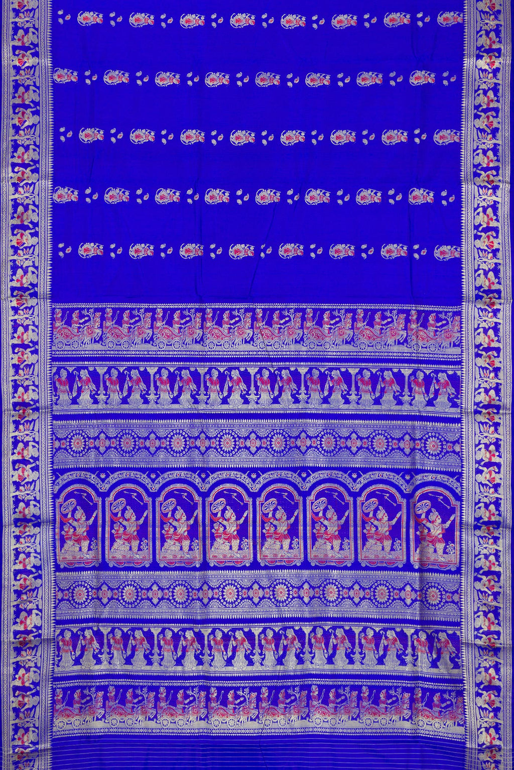 Flat view of Royal Blue Dual Tone Baluchari Silk Saree with Thread Butta on the body and Thread Border. 