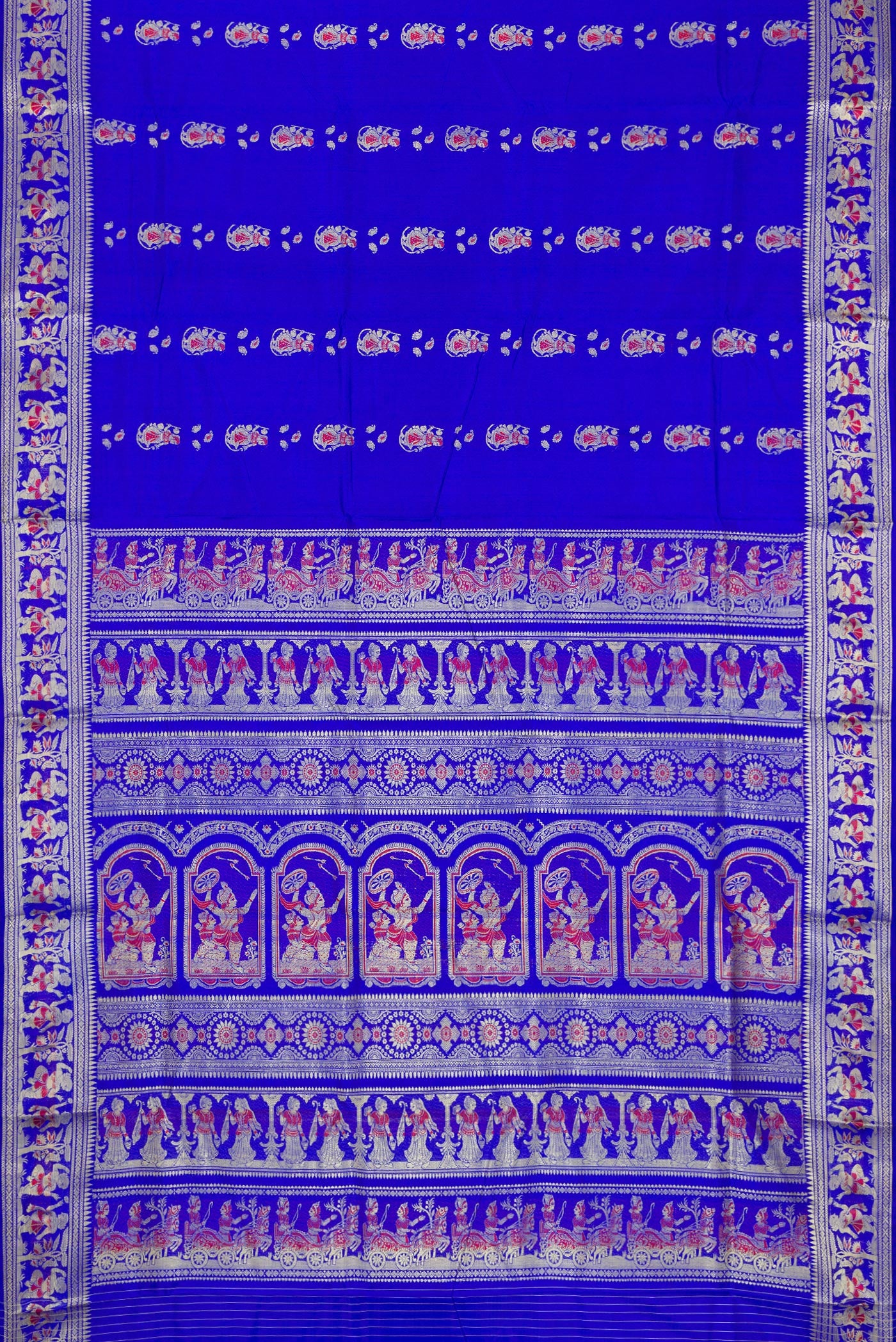 Flat view of Royal Blue Dual Tone Baluchari Silk Saree with Thread Butta on the body and Thread Border. 