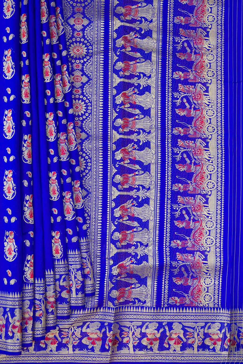 Pleats and pallu of Royal Blue Dual Tone Baluchari Silk Saree with Thread Butta on the body and Thread Border. 