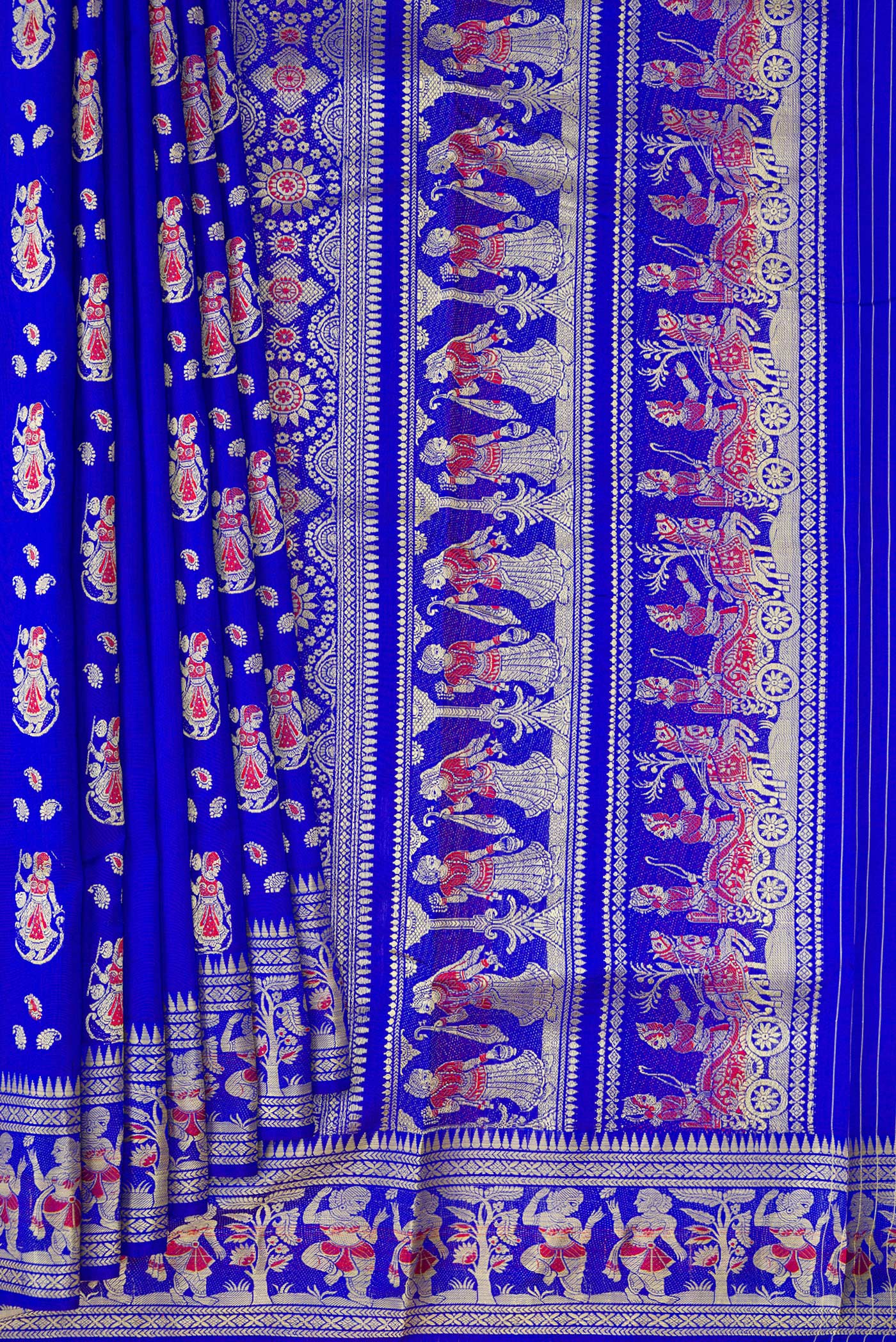 Pleats and pallu of Royal Blue Dual Tone Baluchari Silk Saree with Thread Butta on the body and Thread Border. 