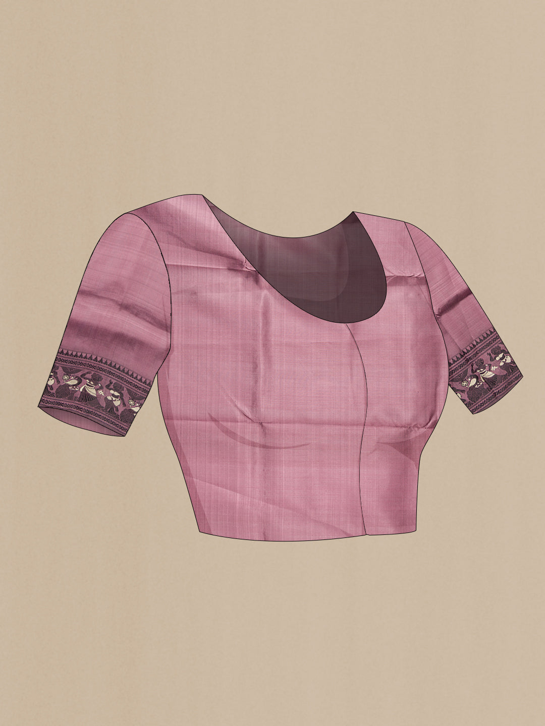 Close up image of the blouse of Mauve Baluchari Silk Saree with Thread Butta on the body and Thread Border. 