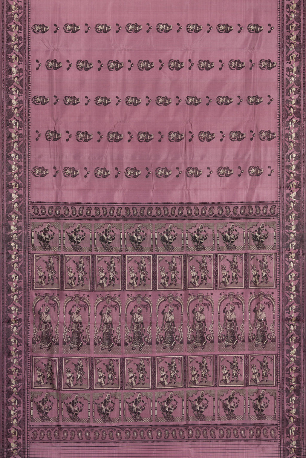 Flat view of Mauve Baluchari Silk Saree with Thread Butta on the body and Thread Border. 