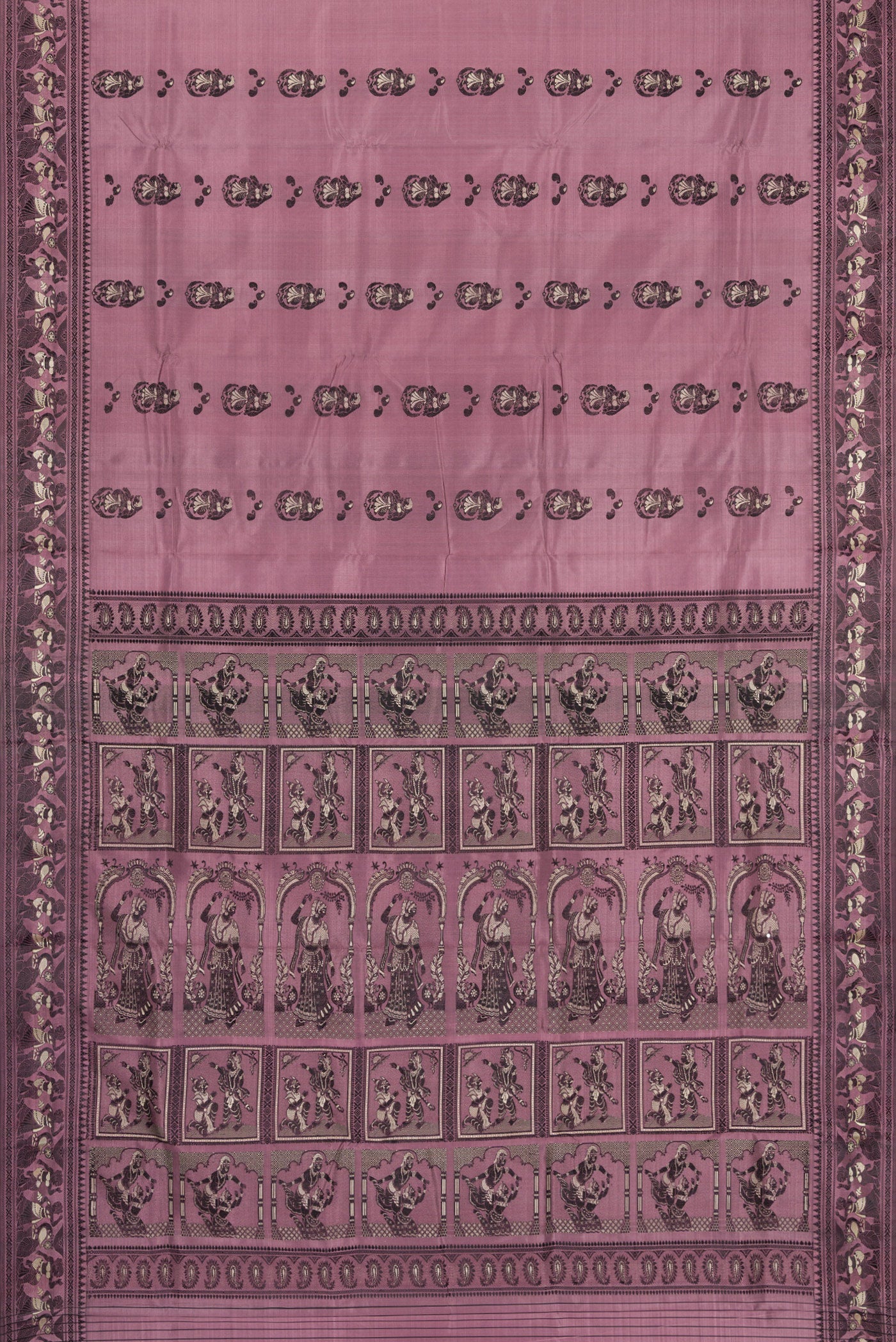Flat view of Mauve Baluchari Silk Saree with Thread Butta on the body and Thread Border. 