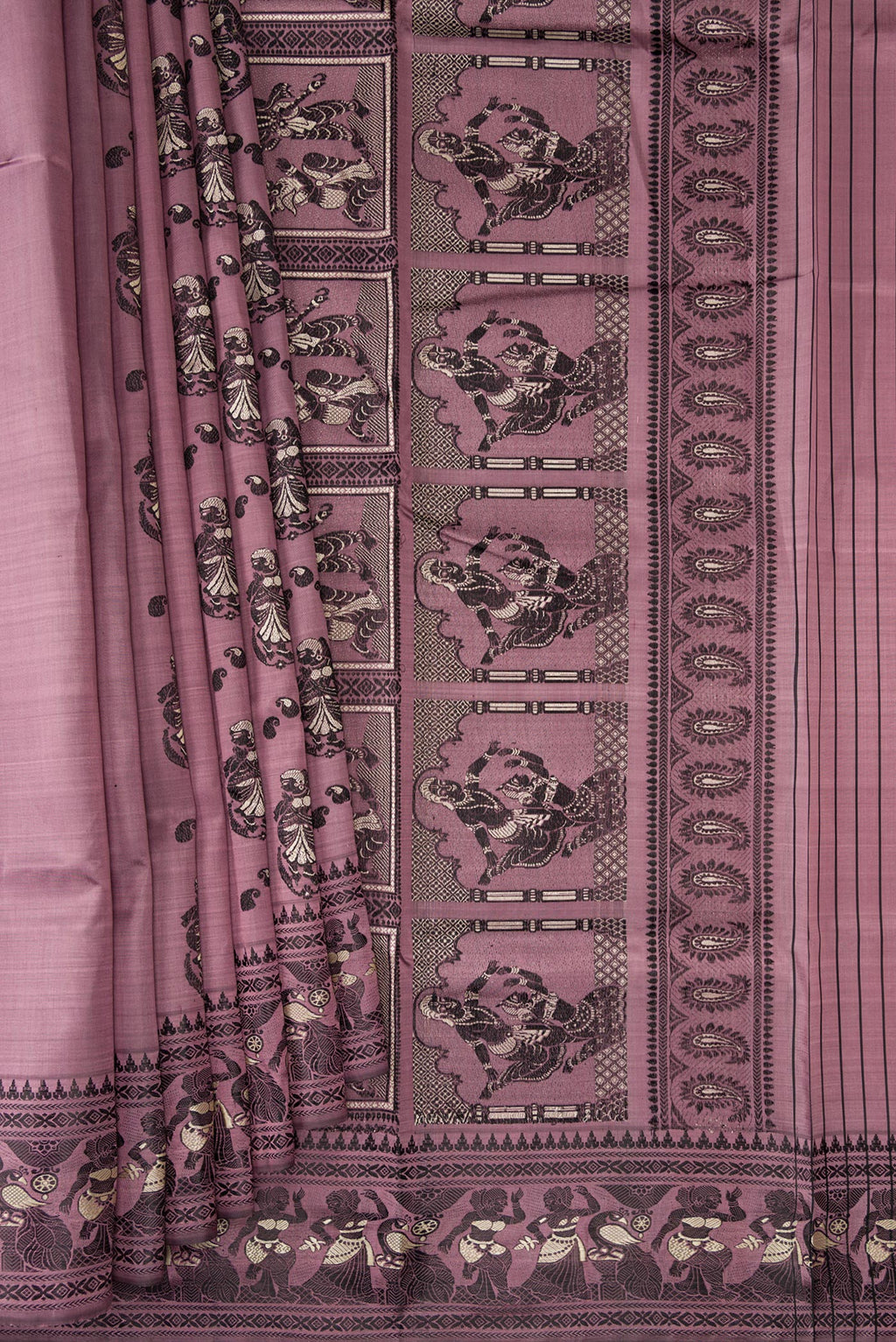 Pleats and pallu of Mauve Baluchari Silk Saree with Thread Butta on the body and Thread Border. 