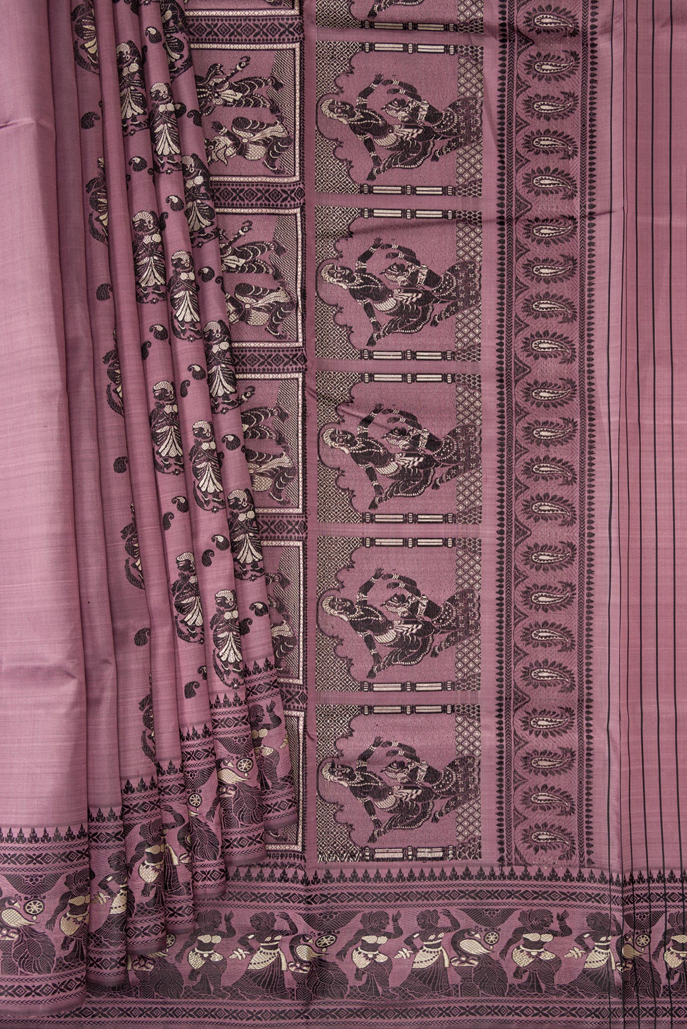 Pleats and pallu of Mauve Baluchari Silk Saree with Thread Butta on the body and Thread Border. 