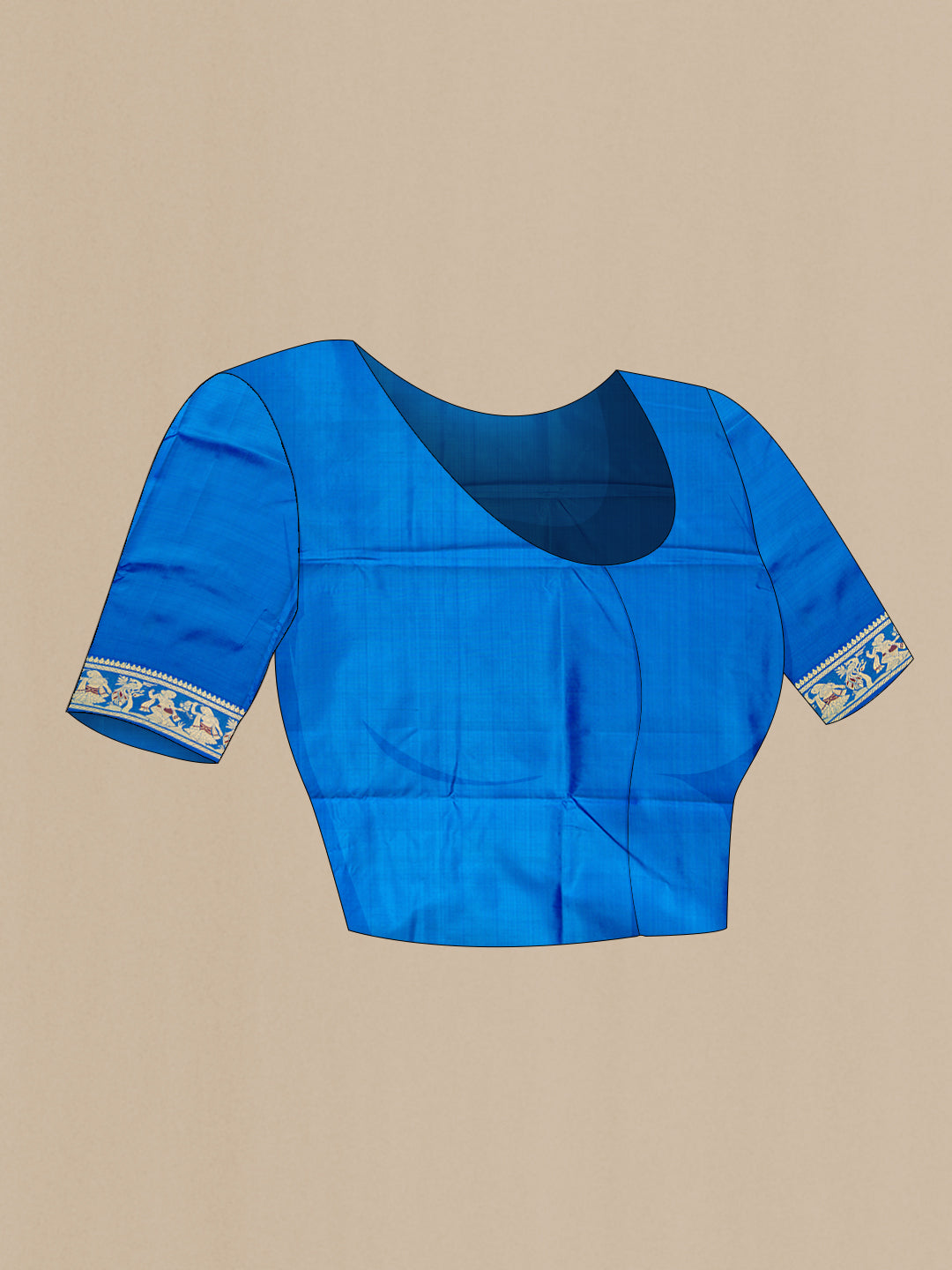 Close up image of the blouse of Royal Blue Baluchari Silk Saree with Thread Butta on the body and Thread Border. 