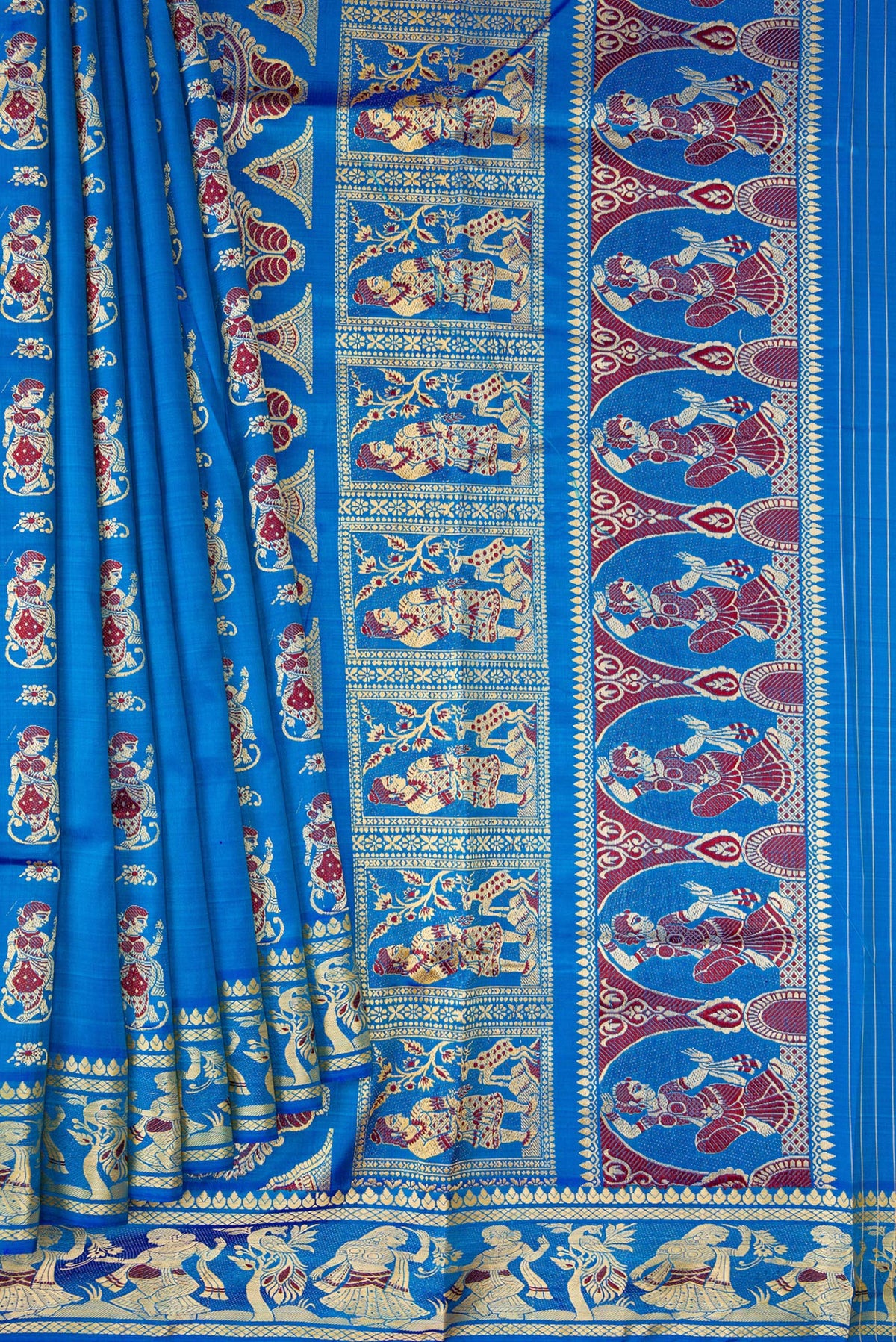 Pleats and pallu of Royal Blue Baluchari Silk Saree with Thread Butta on the body and Thread Border. 