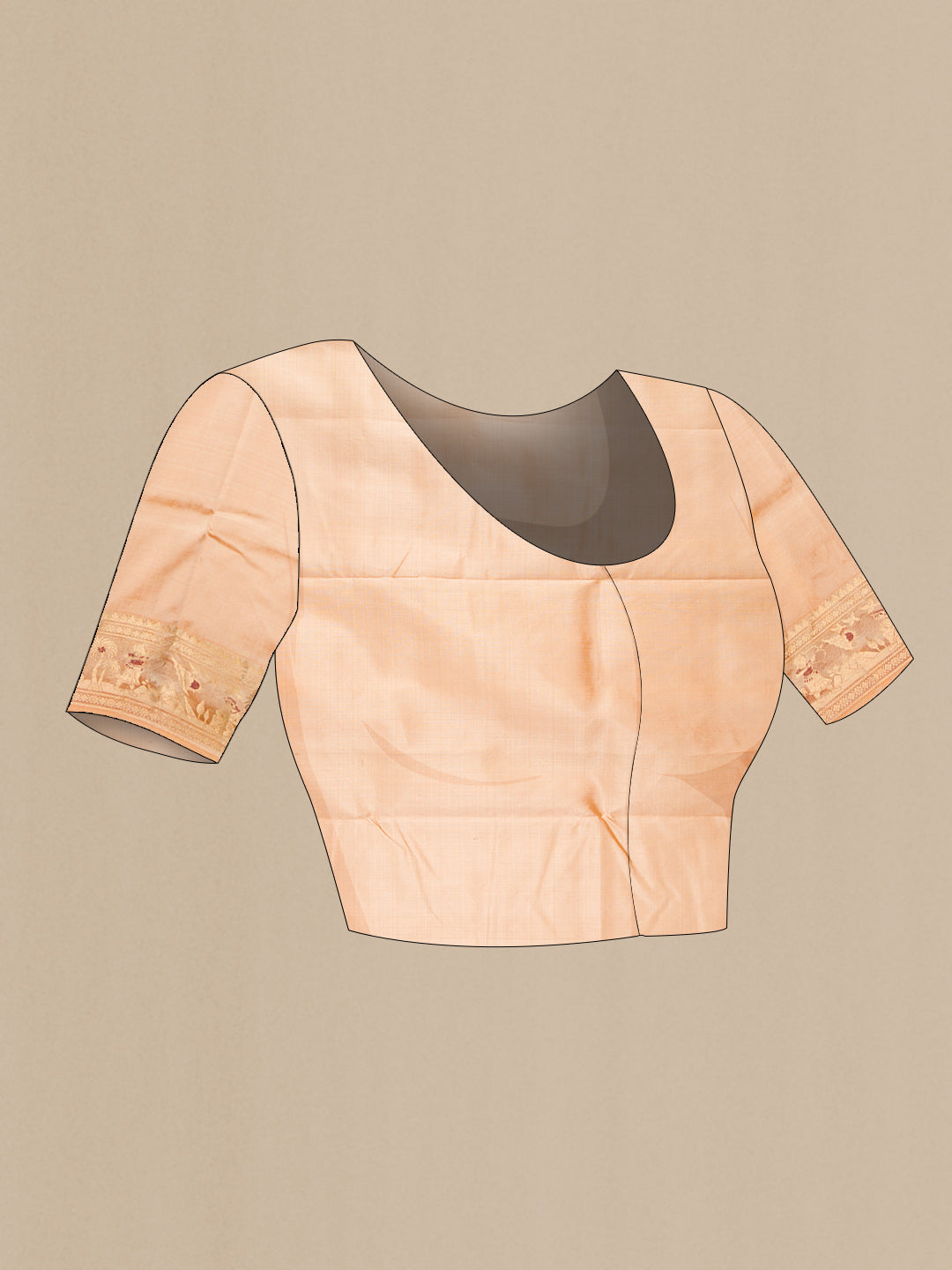 Close up image of the blouse of Beige Baluchari Silk Saree with Zari And Thread Butta on the body and Zari And Thread Border. 