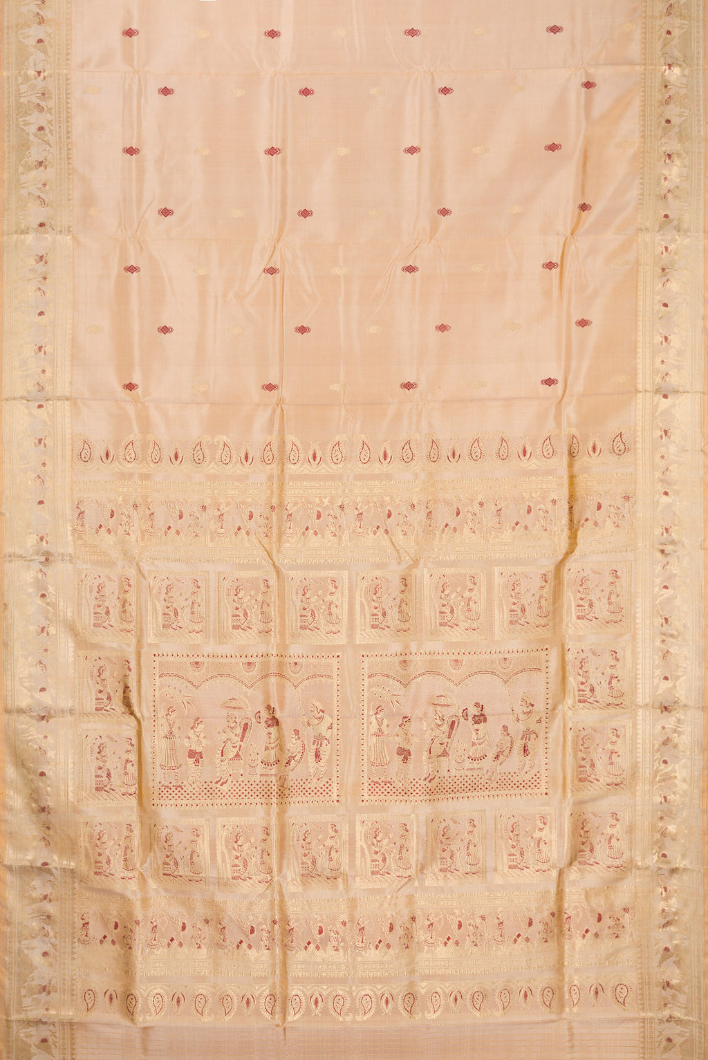 Flat view of Beige Baluchari Silk Saree with Zari And Thread Butta on the body and Zari And Thread Border. 