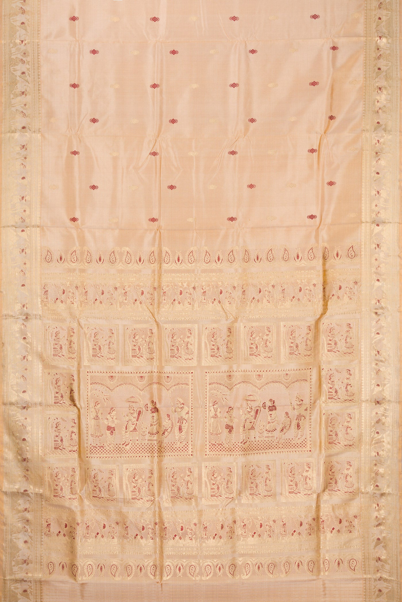 Flat view of Beige Baluchari Silk Saree with Zari And Thread Butta on the body and Zari And Thread Border. 