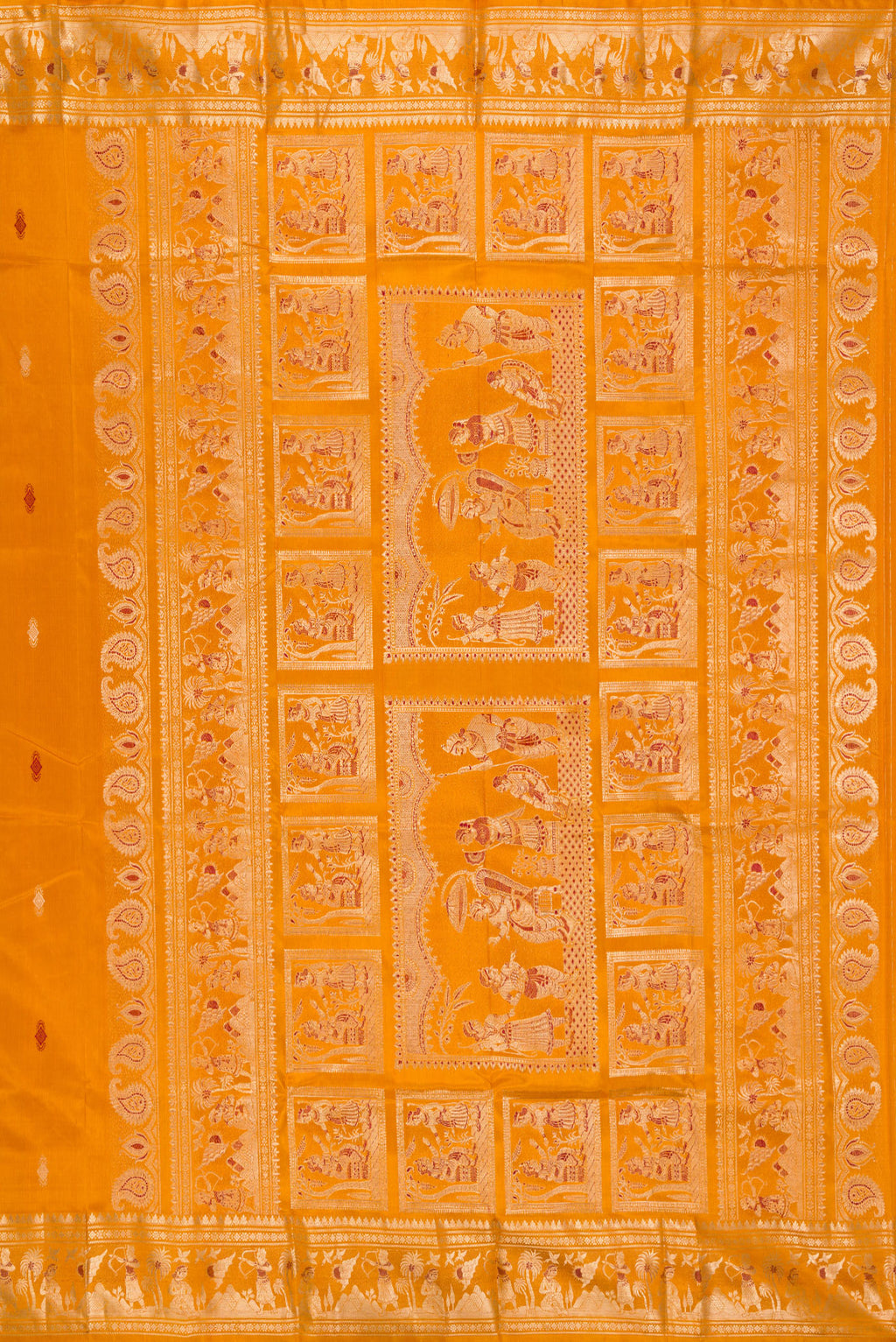 Close up image of the pallu of Mustard Baluchari Silk Saree with Zari And Thread Butta on the body and Zari And Thread Border. 