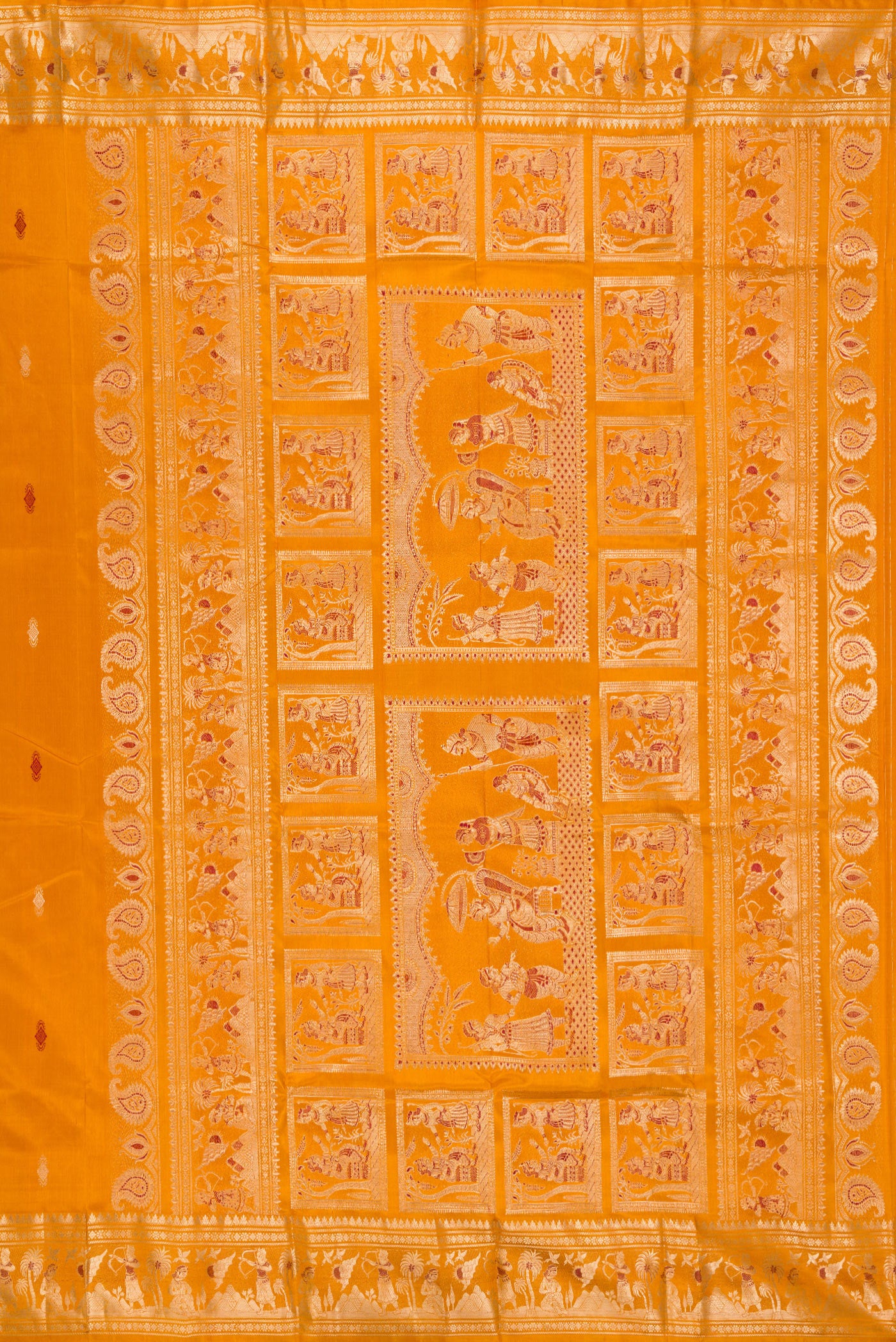 Close up image of the pallu of Mustard Baluchari Silk Saree with Zari And Thread Butta on the body and Zari And Thread Border. 