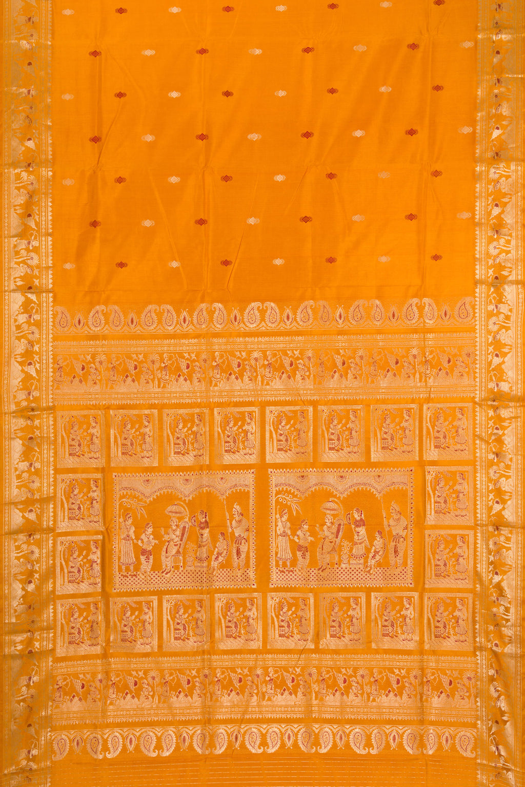 Flat view of Mustard Baluchari Silk Saree with Zari And Thread Butta on the body and Zari And Thread Border. 