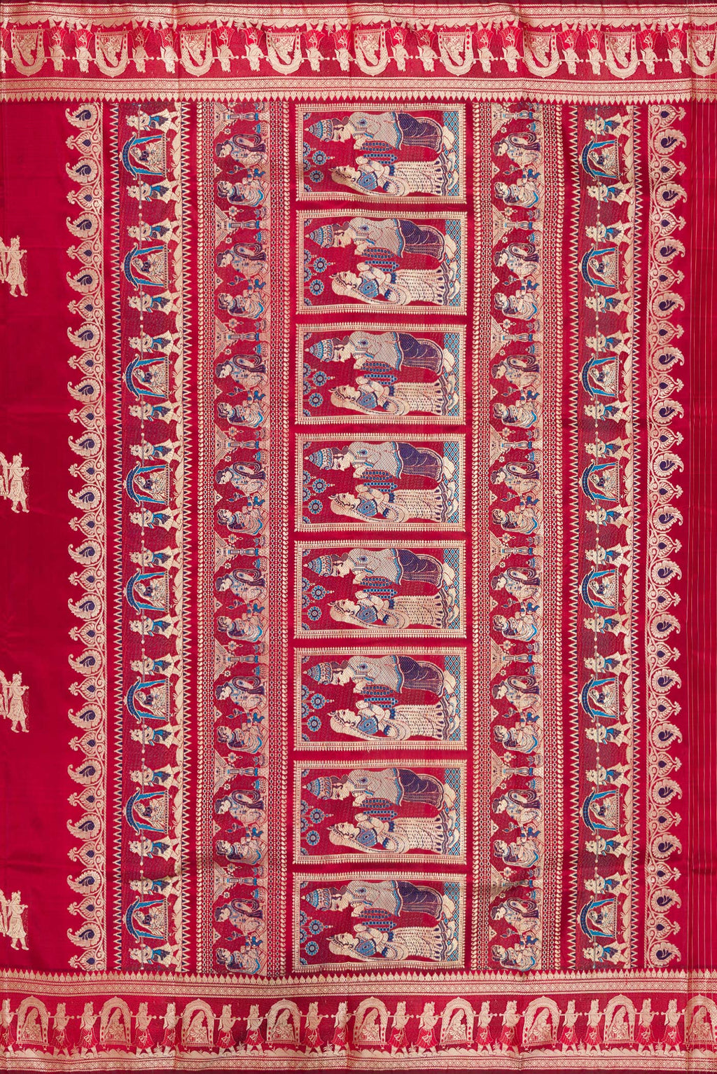Close up image of the pallu of Maroon Baluchari Silk Saree with Thread Butta on the body and Thread Border. 