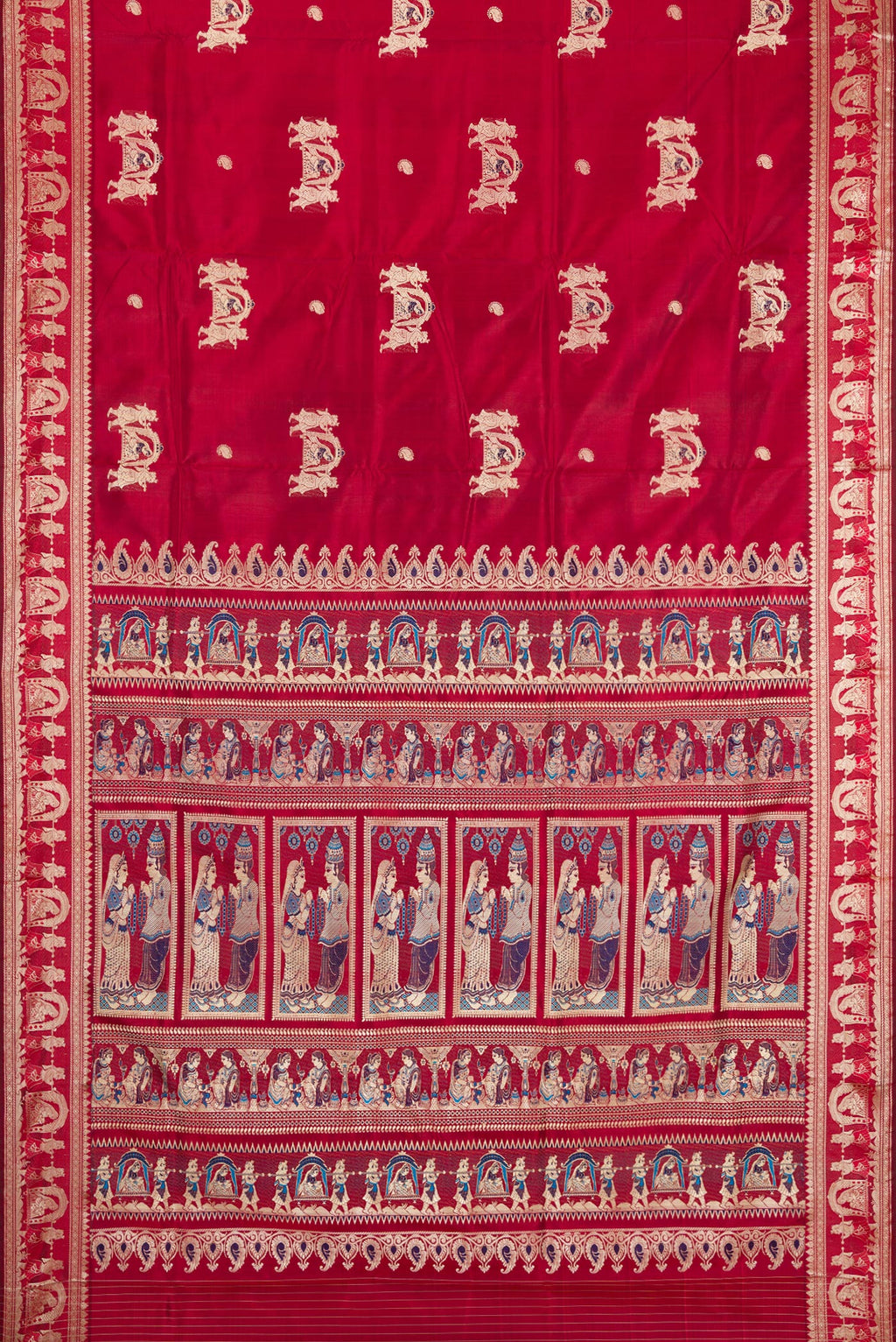 Flat view of Maroon Baluchari Silk Saree with Thread Butta on the body and Thread Border. 