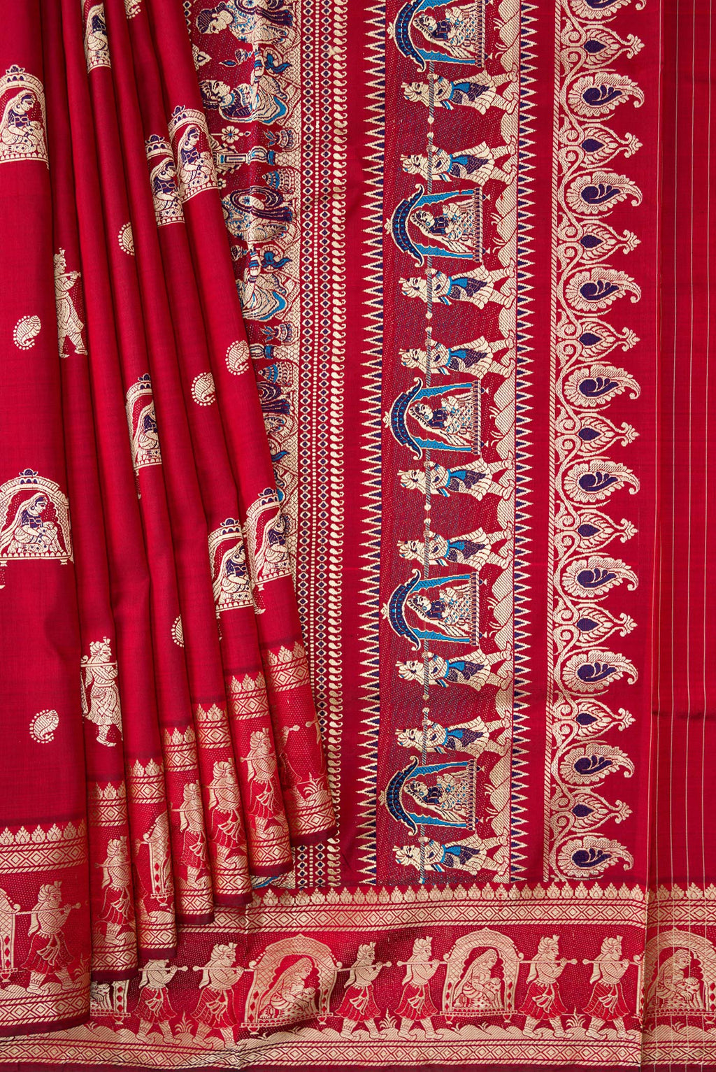 Pleats and pallu of Maroon Baluchari Silk Saree with Thread Butta on the body and Thread Border. 