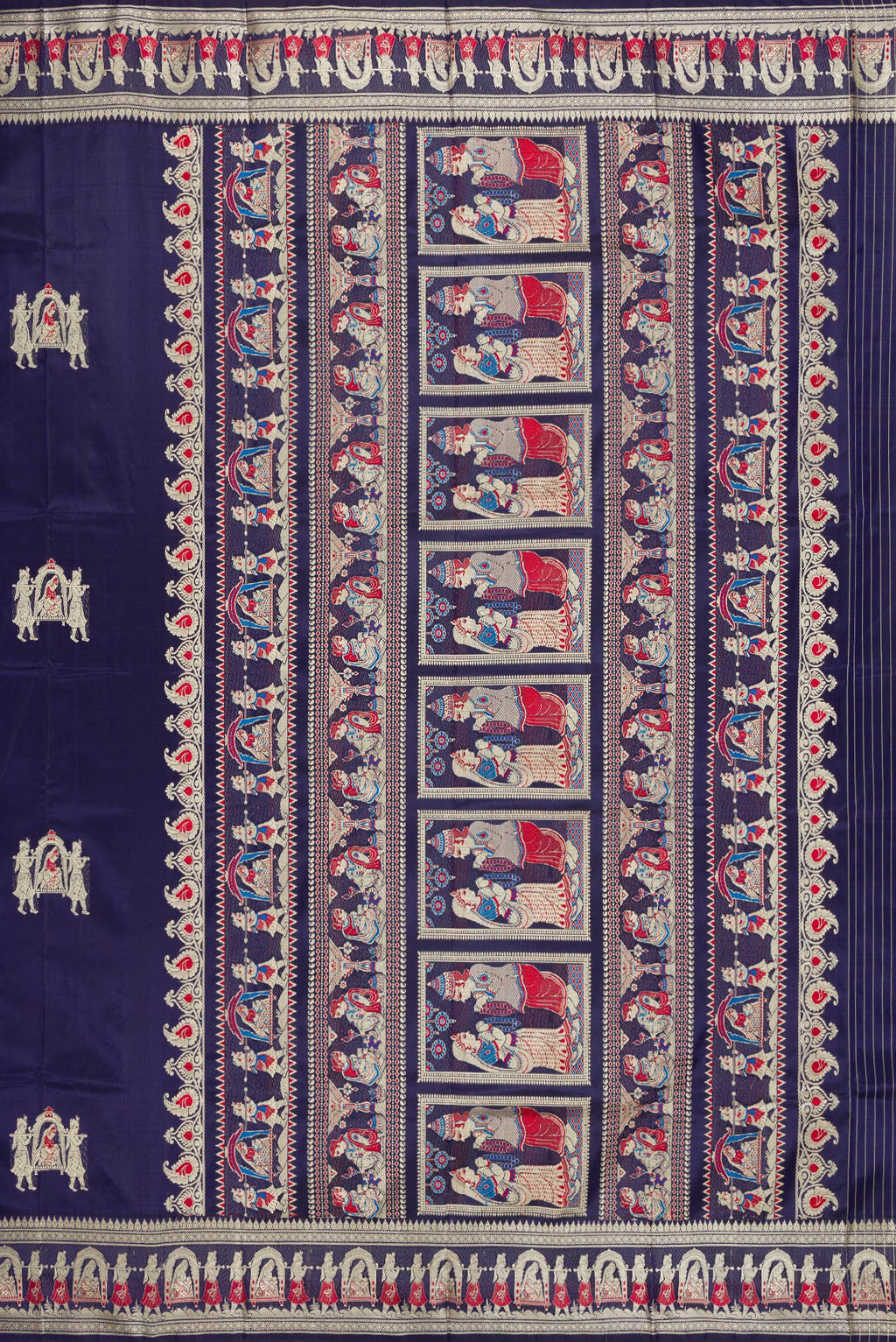 Close up image of the pallu of Navy Blue Baluchari Silk Saree with Thread Butta on the body and Fancy Border. 