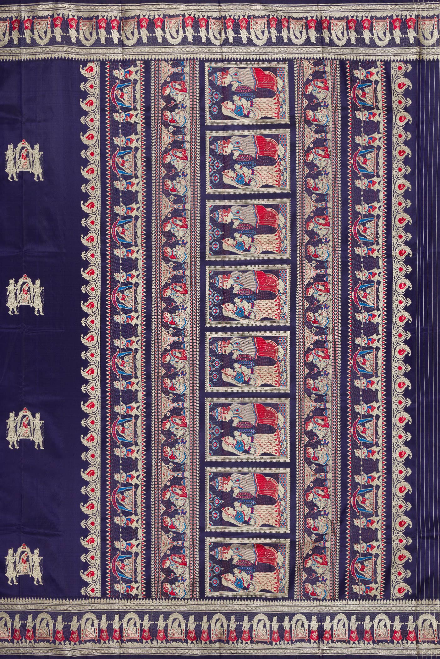 Close up image of the pallu of Navy Blue Baluchari Silk Saree with Thread Butta on the body and Fancy Border. 