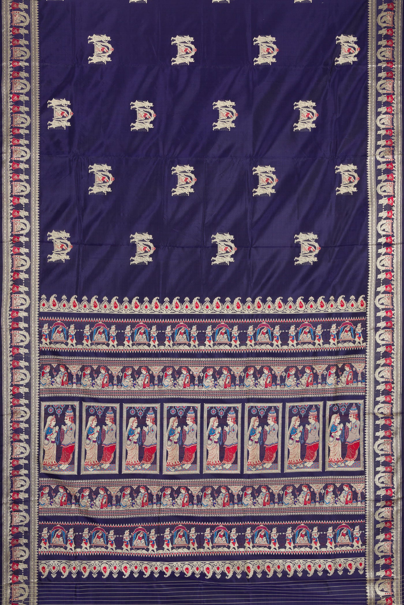Flat view of Navy Blue Baluchari Silk Saree with Thread Butta on the body and Fancy Border. 