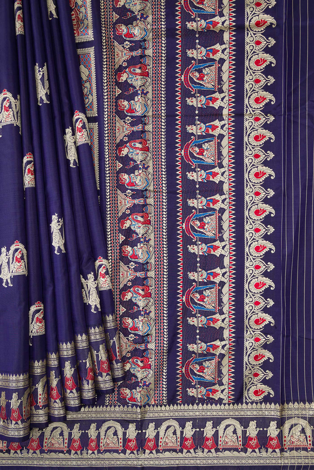 Pleats and pallu of Navy Blue Baluchari Silk Saree with Thread Butta on the body and Fancy Border. 