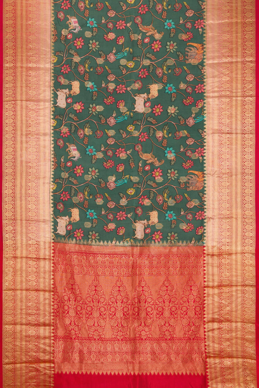 Flat view of Green Kanjivaram Silk Saree with Floral Print on the body and Zari Border. 