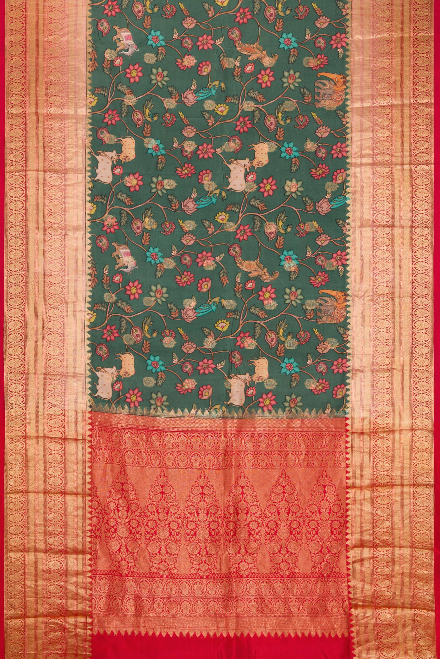 Flat view of Green Kanjivaram Silk Saree with Floral Print on the body and Zari Border. 