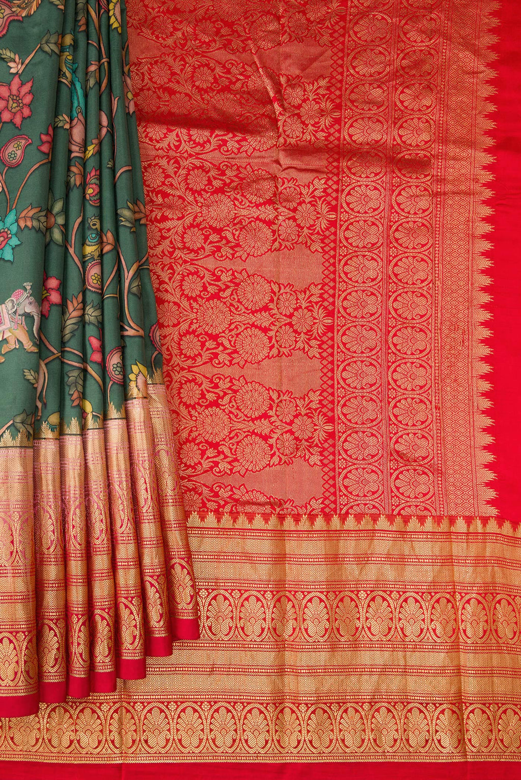 Pleats and pallu of Green Kanjivaram Silk Saree with Floral Print on the body and Zari Border. 