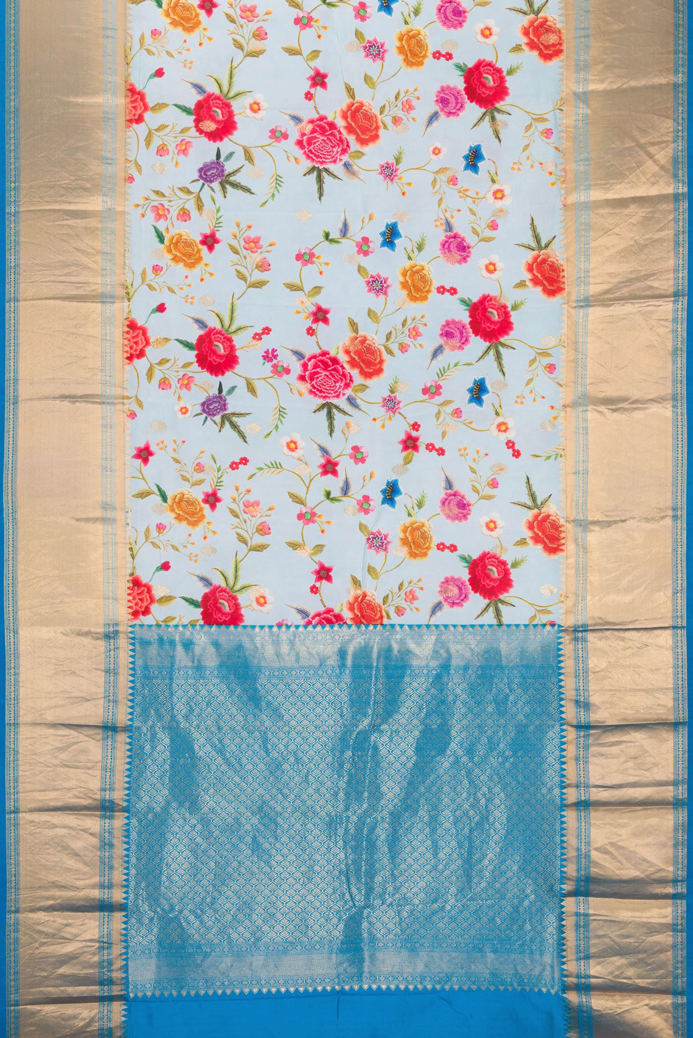 Flat view of Light Blue Kanjivaram Silk Saree with Floral Print on the body and Zari Border. 