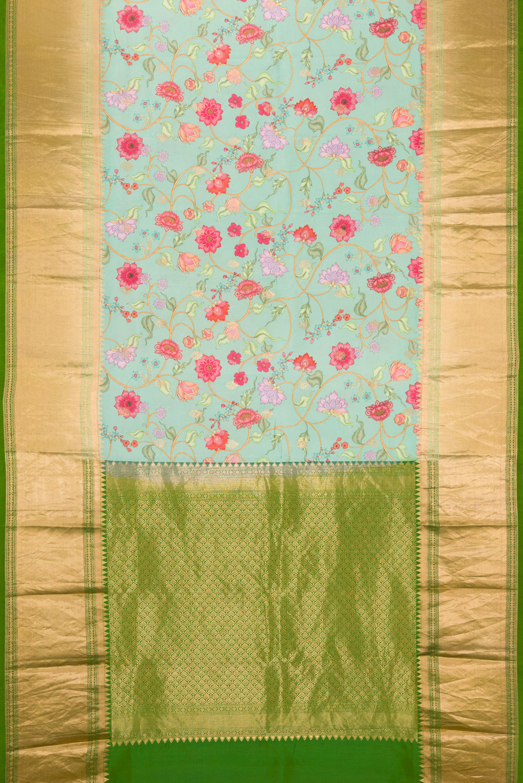 Flat view of Sea Green Kanjivaram Silk Saree with Floral Print on the body and Zari Border. 