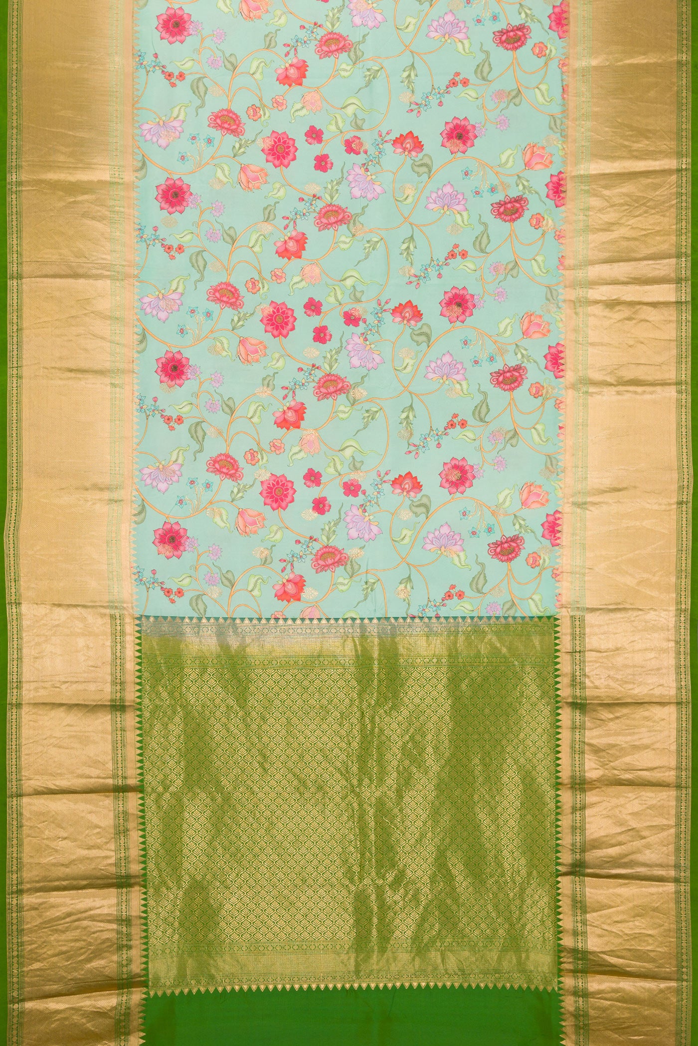 Flat view of Sea Green Kanjivaram Silk Saree with Floral Print on the body and Zari Border. 