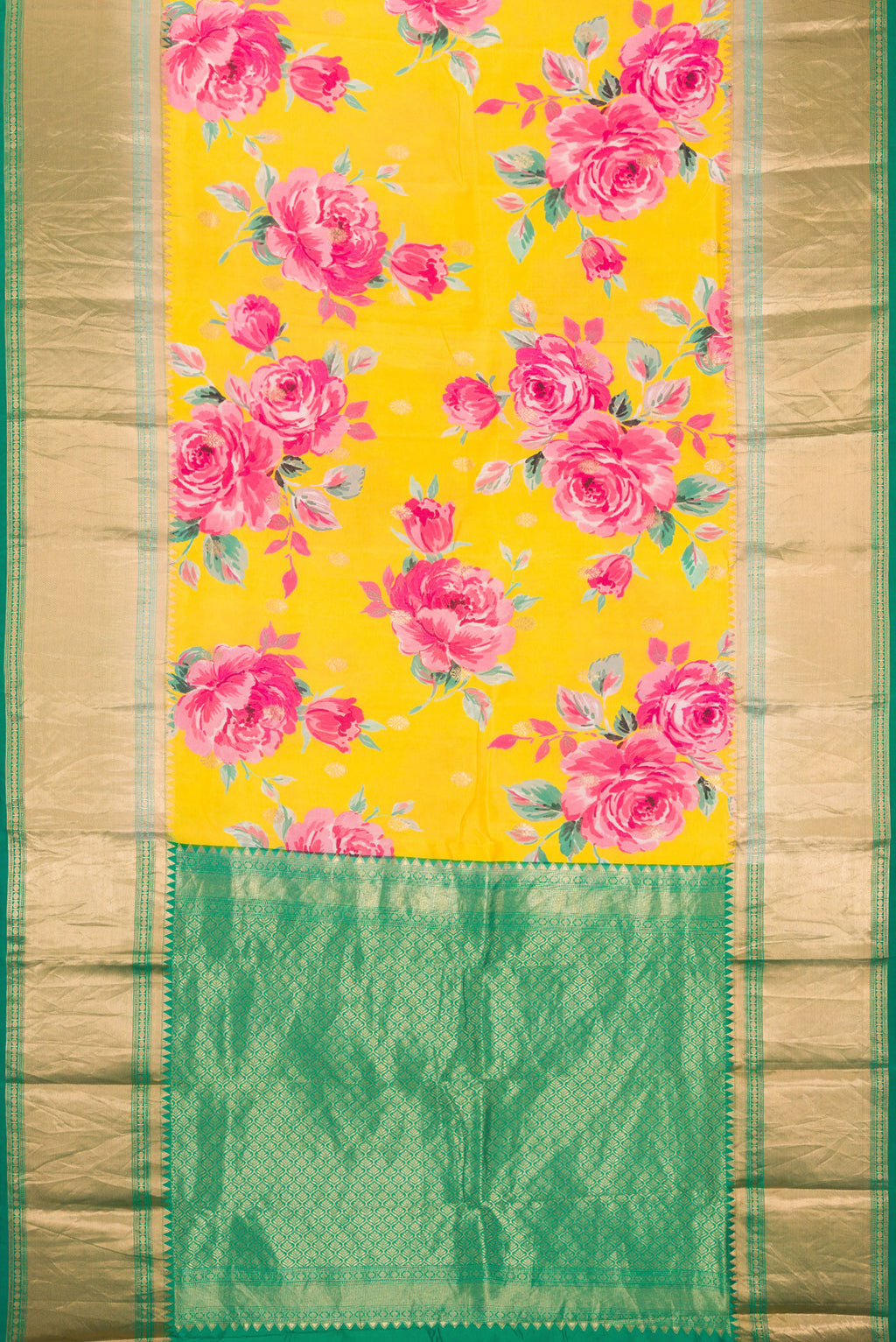 Flat view of Yellow Dual Tone Kanjivaram Silk Saree with Floral Print on the body and Zari Border. 