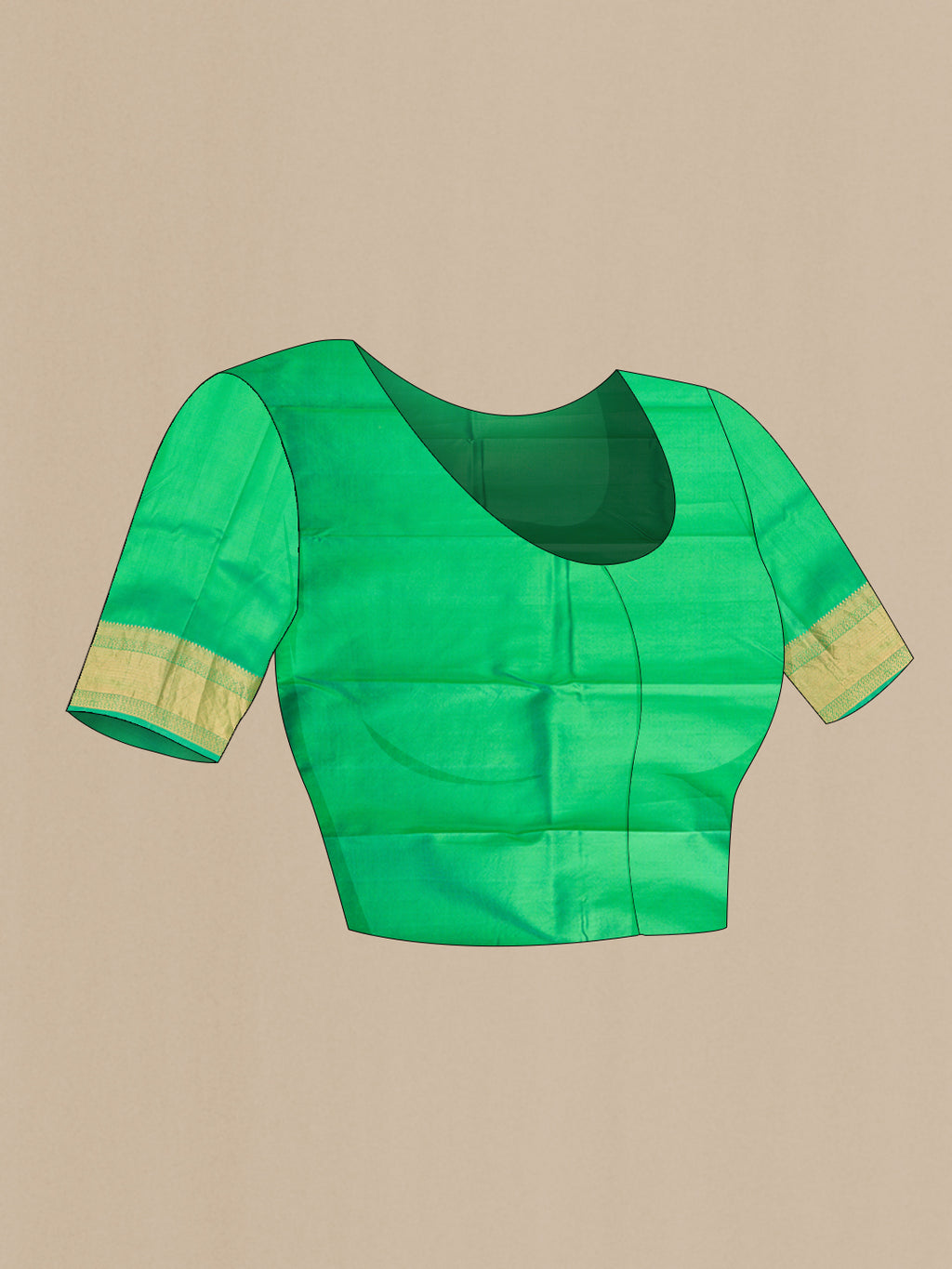 Close up image of the blouse of Green Kanjivaram Silk Saree with Floral Print on the body and Zari Border. 