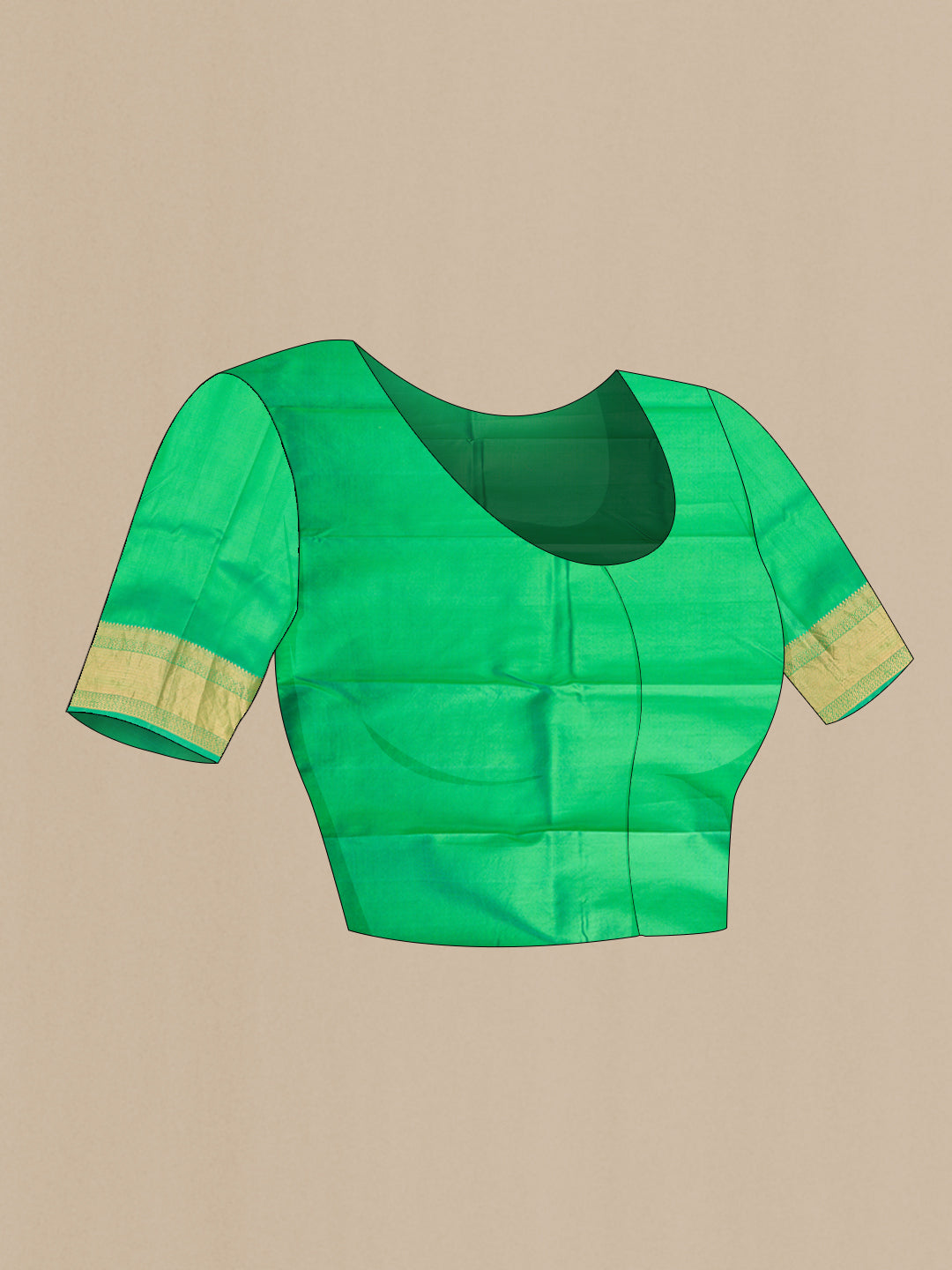 Close up image of the blouse of Green Kanjivaram Silk Saree with Floral Print on the body and Zari Border. 
