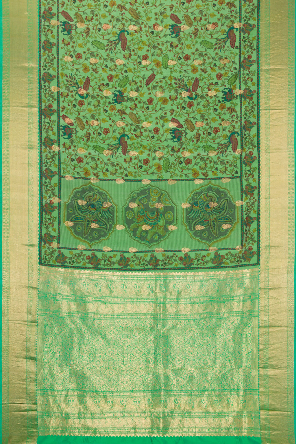 Flat view of Green Kanjivaram Silk Saree with Floral Print on the body and Zari Border. 