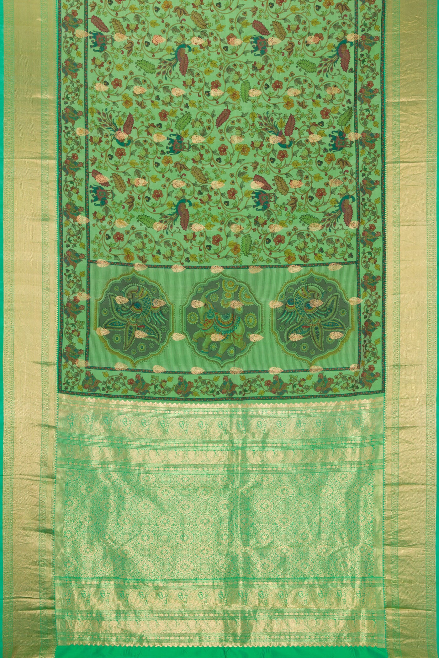 Flat view of Green Kanjivaram Silk Saree with Floral Print on the body and Zari Border. 