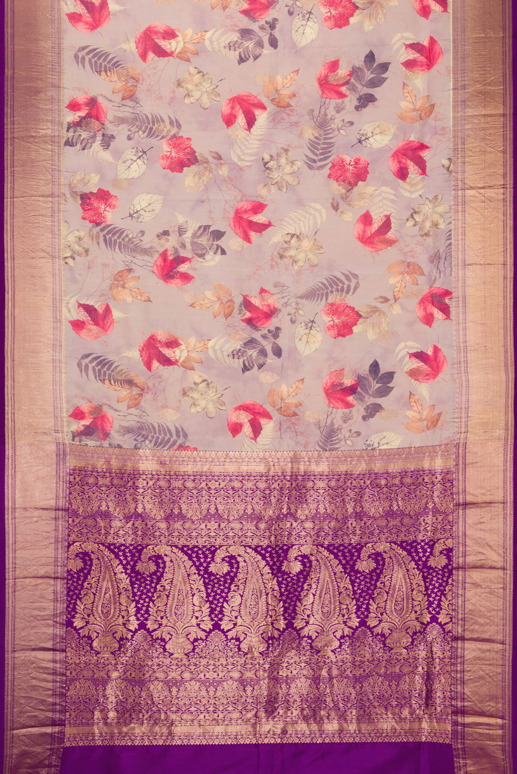 Flat view of Rose Gold Kanjivaram Silk Saree with Floral Print on the body and Zari Border. 