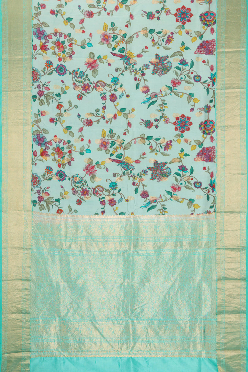 Flat view of Light Blue Kanjivaram Silk Saree with Floral Print on the body and Zari Border. 