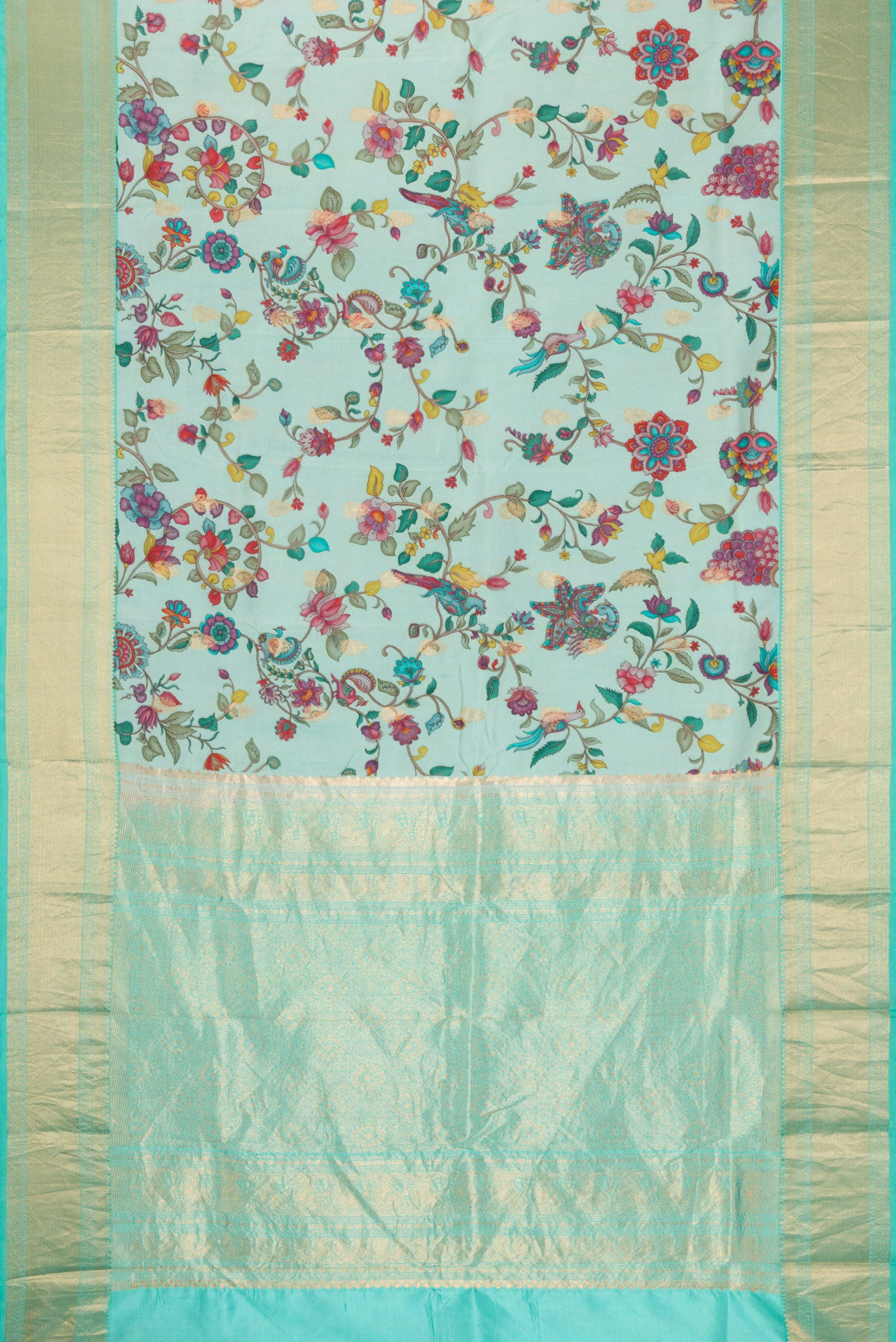 Flat view of Light Blue Kanjivaram Silk Saree with Floral Print on the body and Zari Border. 