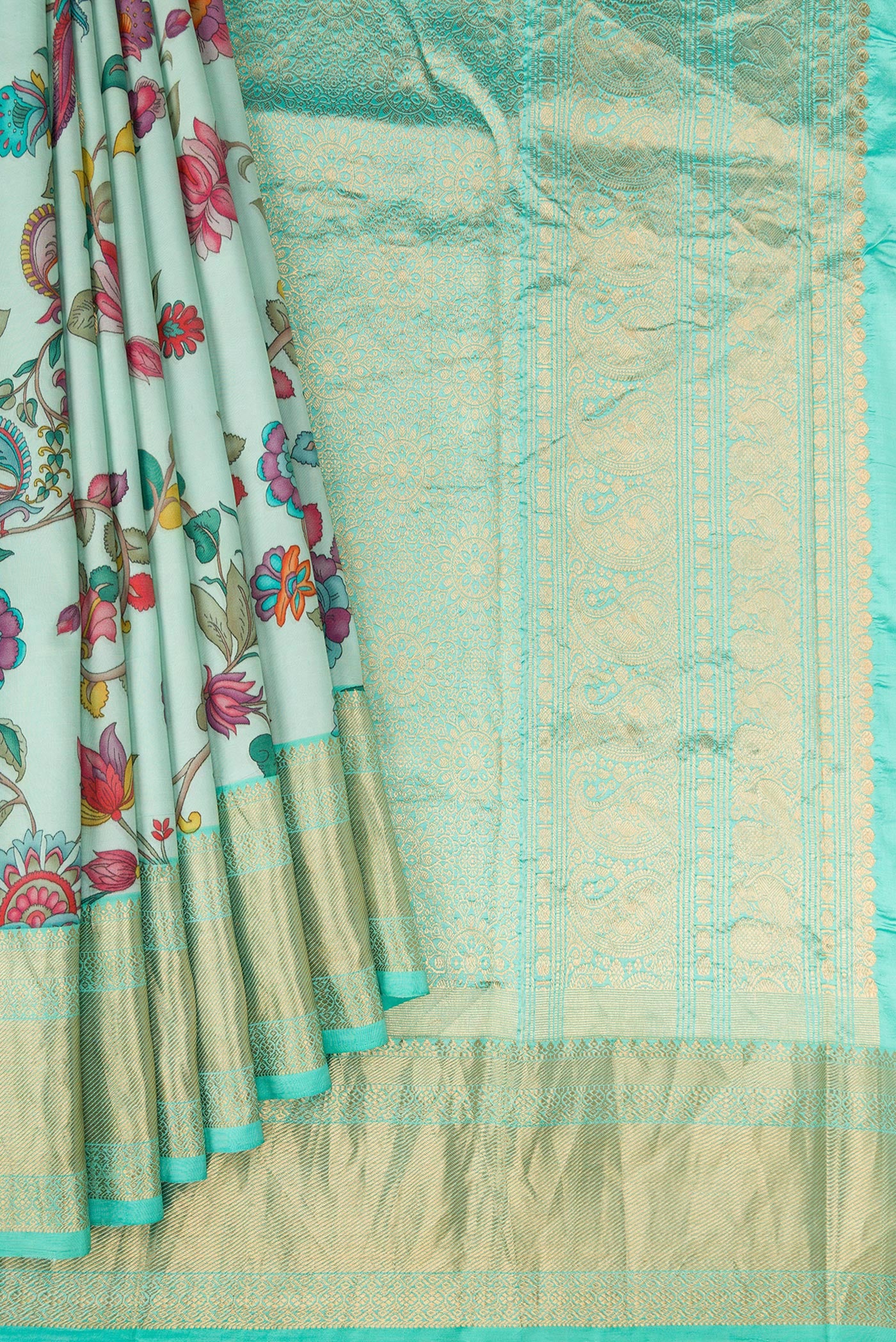 Pleats and pallu of Light Blue Kanjivaram Silk Saree with Floral Print on the body and Zari Border. 