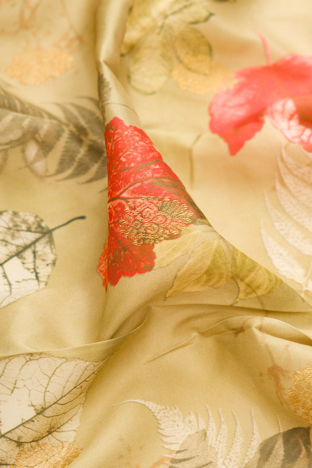 Close up of Light Green Kanjivaram Silk Saree with Floral Print on the body and Plain Border.  displaying folds