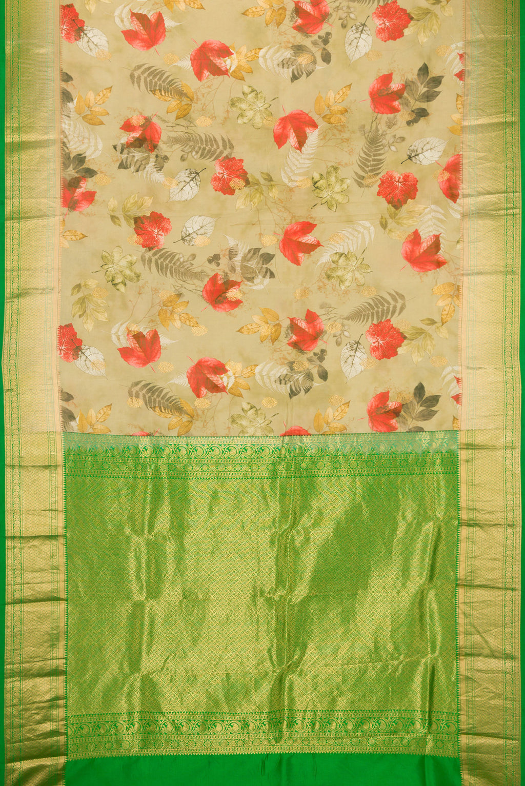 Flat view of Light Green Kanjivaram Silk Saree with Floral Print on the body and Plain Border. 