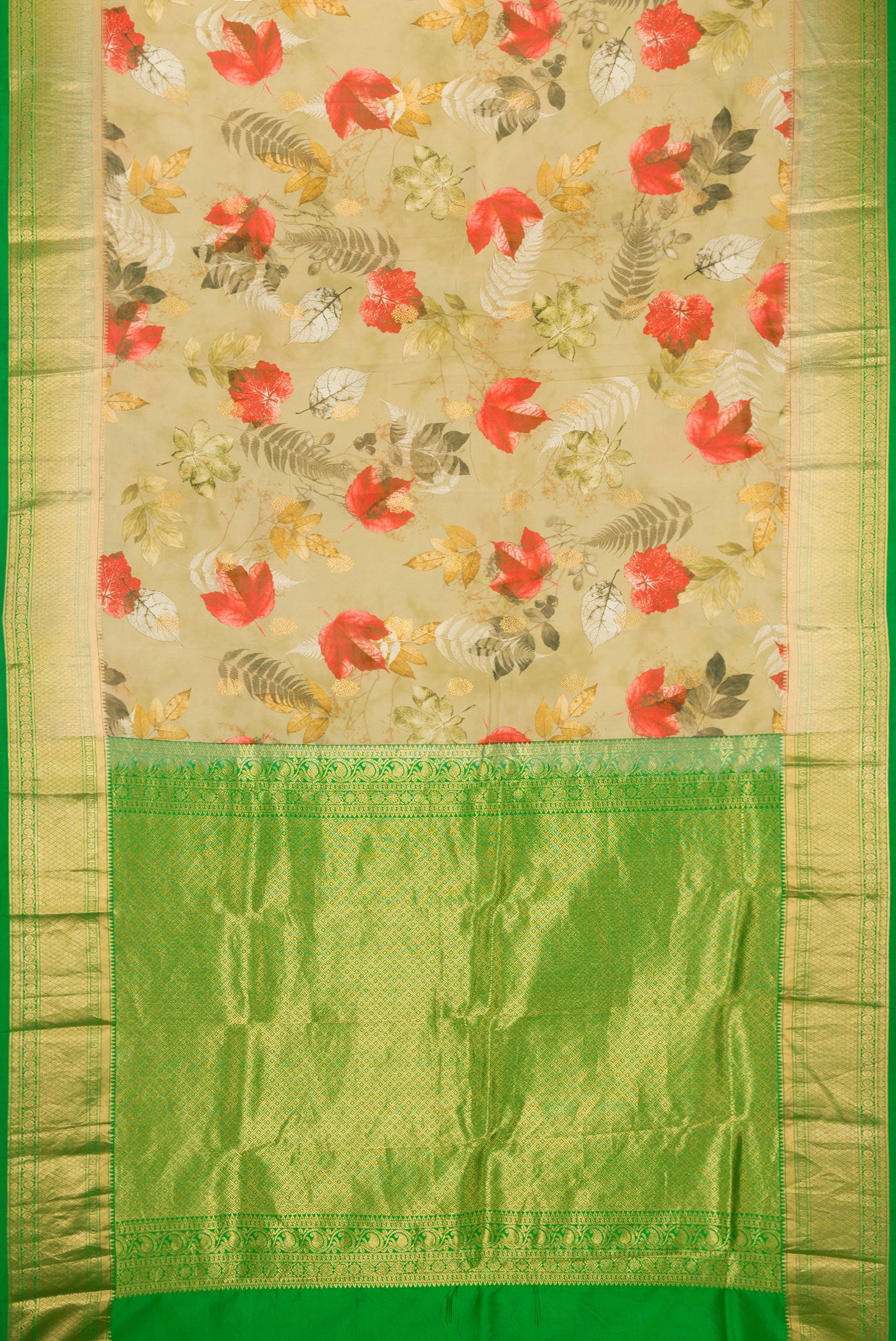 Flat view of Light Green Kanjivaram Silk Saree with Floral Print on the body and Plain Border. 