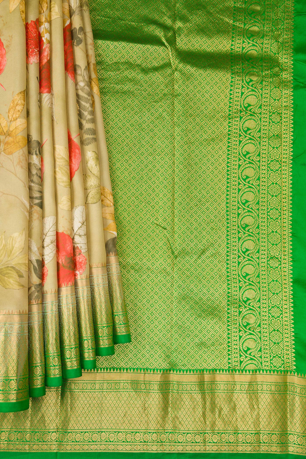 Pleats and pallu of Light Green Kanjivaram Silk Saree with Floral Print on the body and Plain Border. 