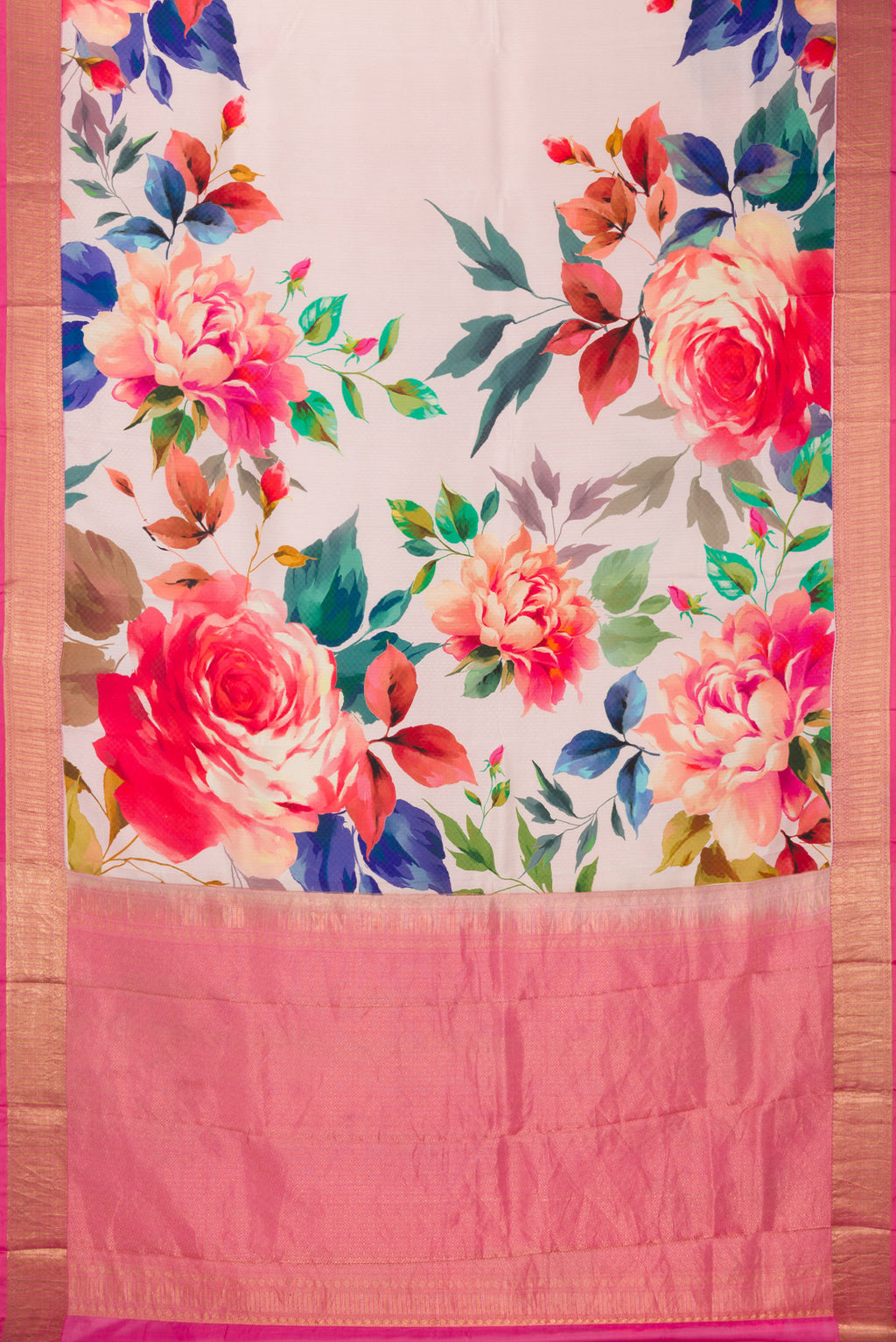 Flat view of Pure Silk Cream Kanchipuram Saree with Floral Print on the body and Zari Border. 