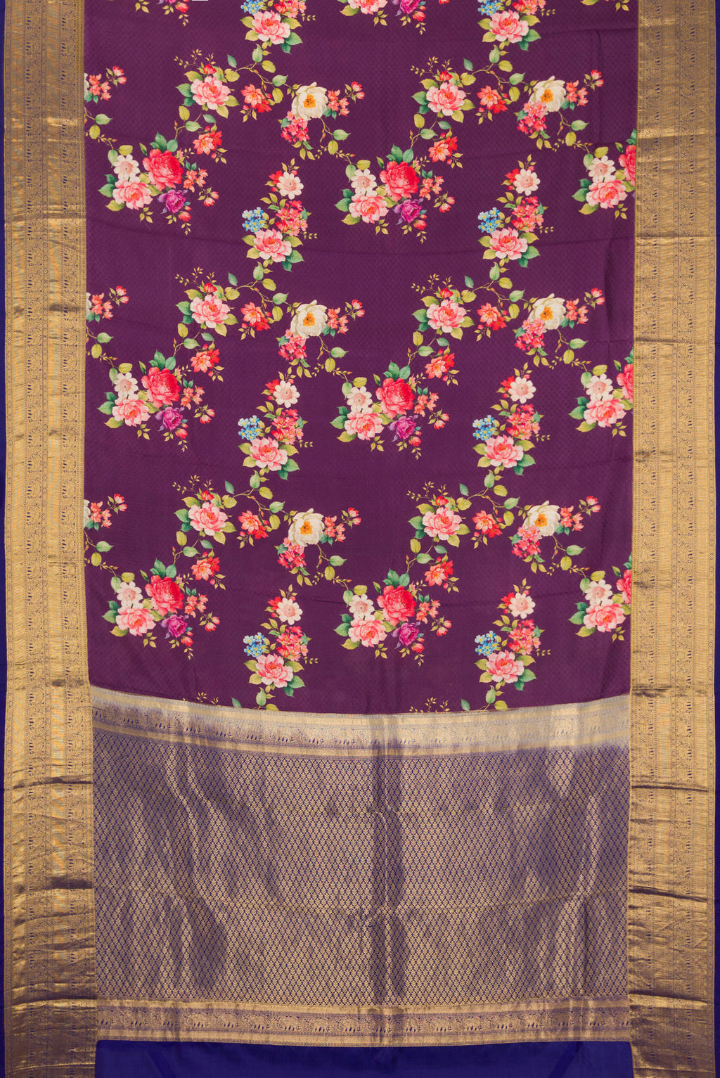 Flat view of Purple Kanchipuram Silk Saree with Floral Print on the body and Zari Border. 