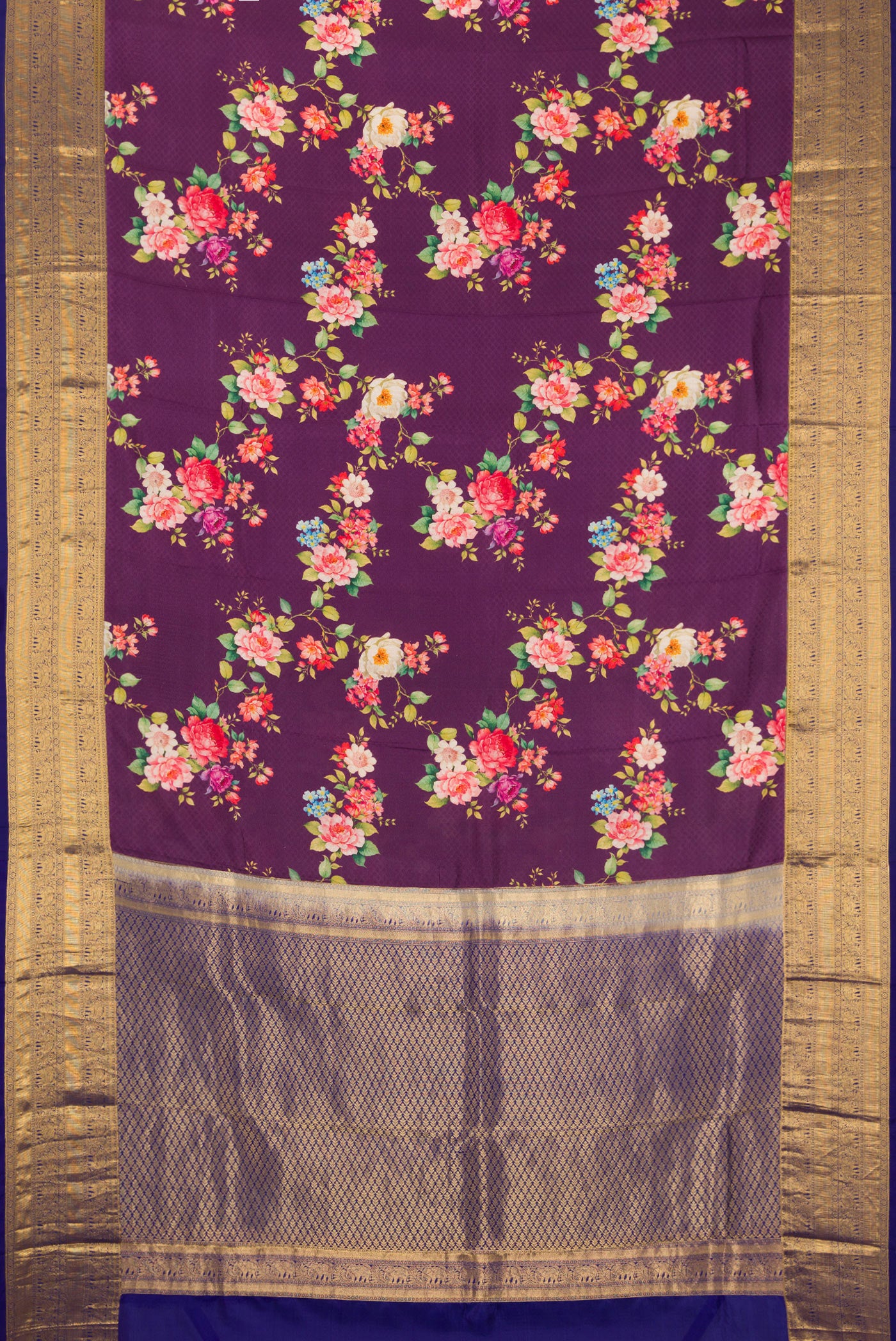 Flat view of Purple Kanchipuram Silk Saree with Floral Print on the body and Zari Border. 