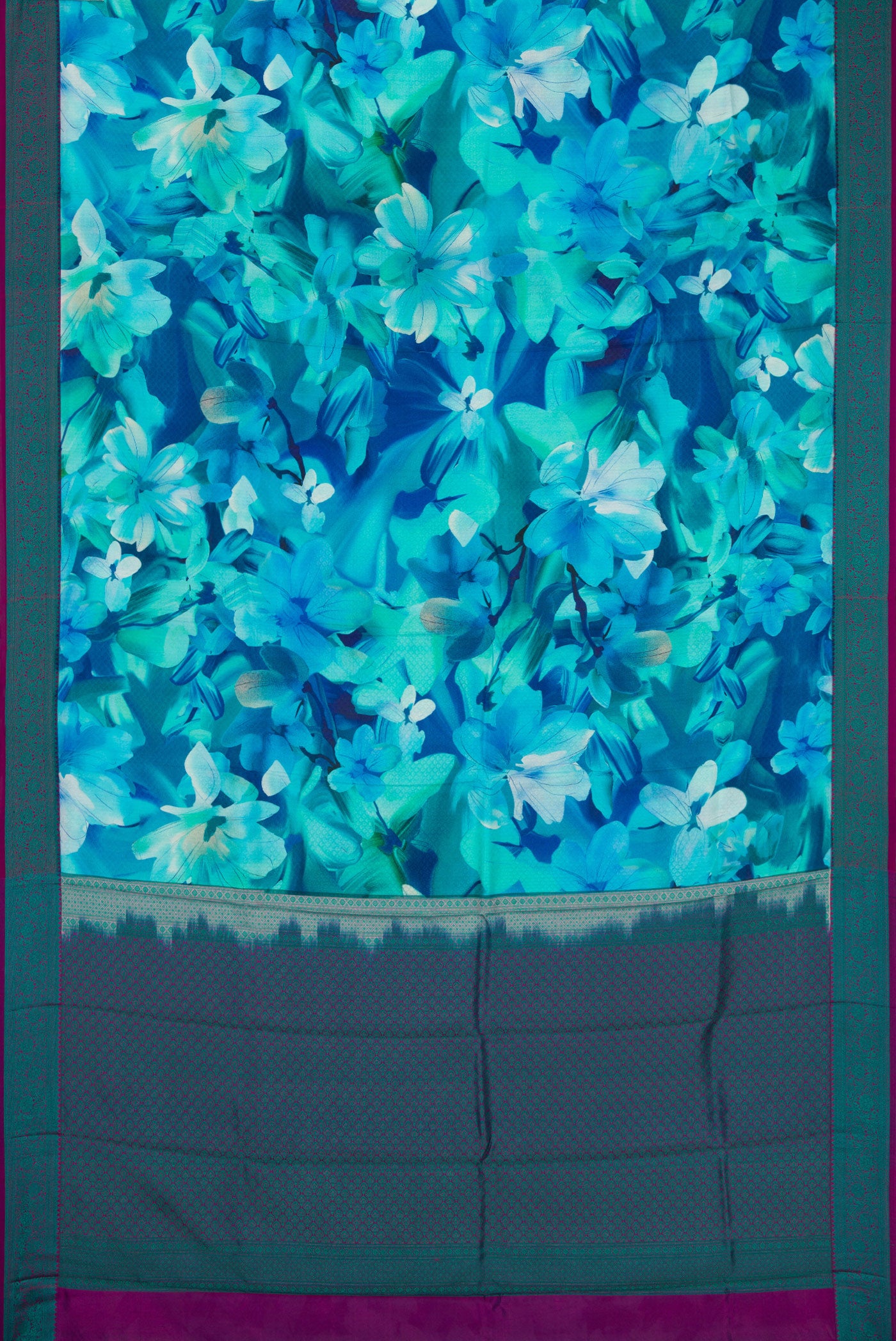 Flat view of Sky Blue Kanchipuram Silk Saree with Floral Print on the body and Thread Border. 